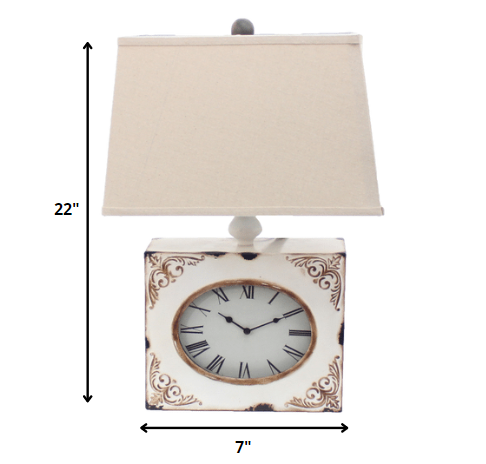 22" Distressed White Metal Bedside Lamp With Beige Shade-Table Lamps-DECOROLALA