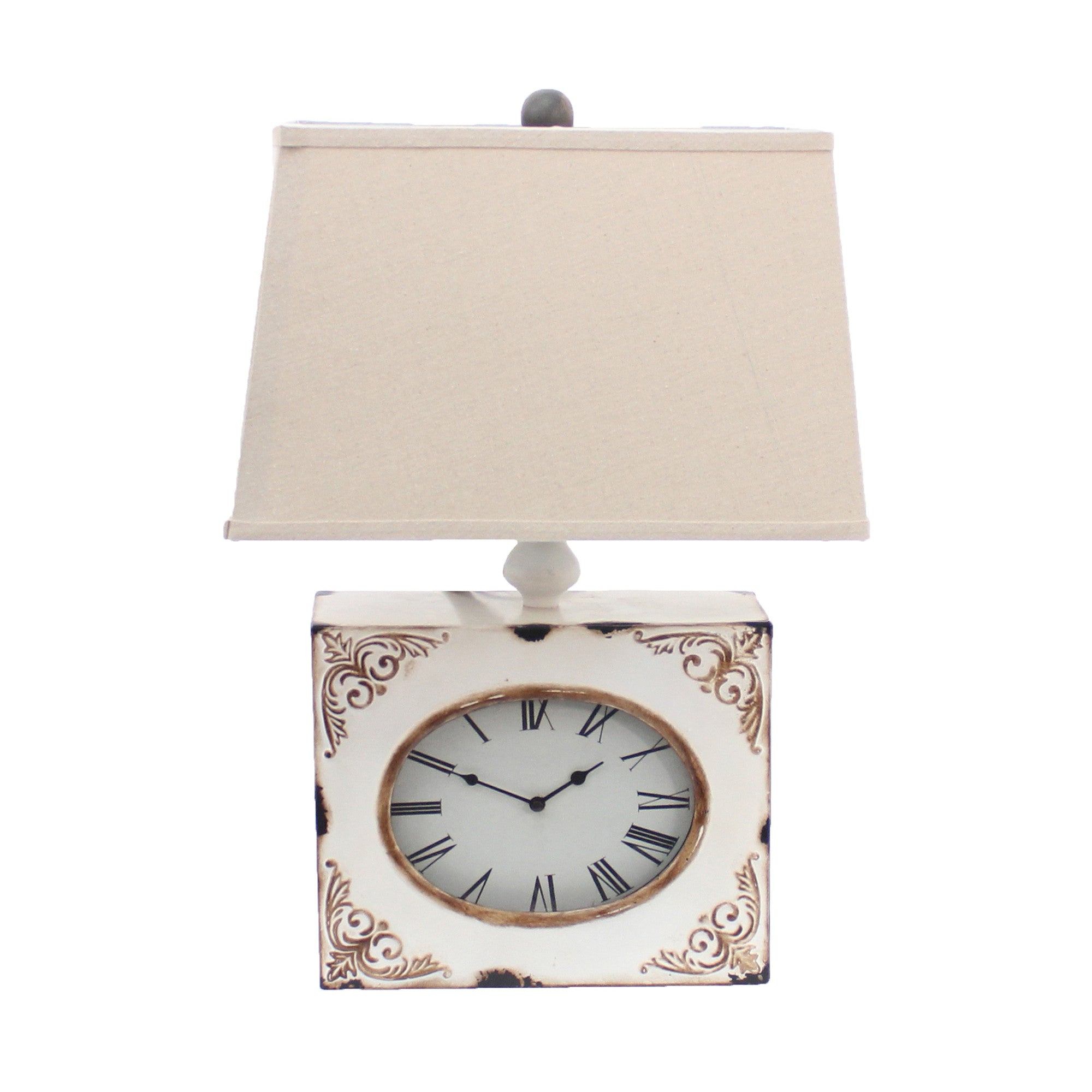 22" Distressed White Metal Bedside Lamp With Beige Shade-Table Lamps-DECOROLALA