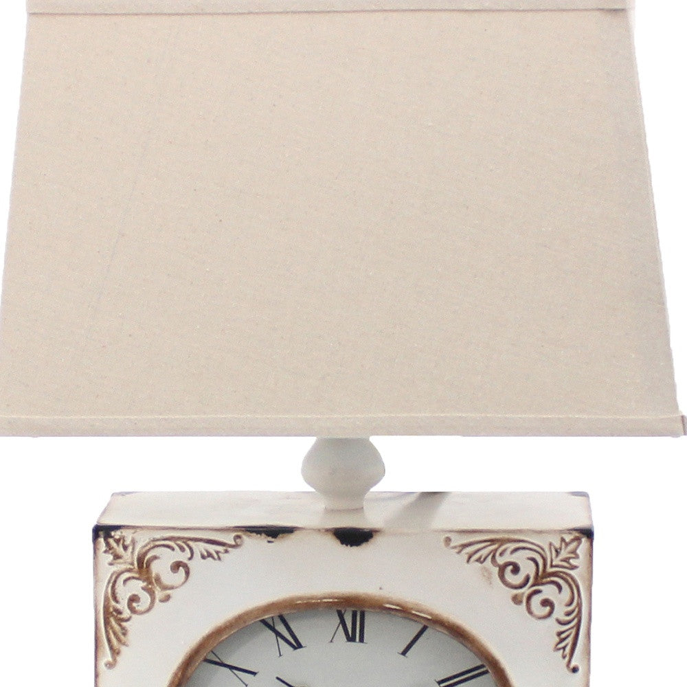22" Distressed White Metal Bedside Lamp With Beige Shade-Table Lamps-DECOROLALA