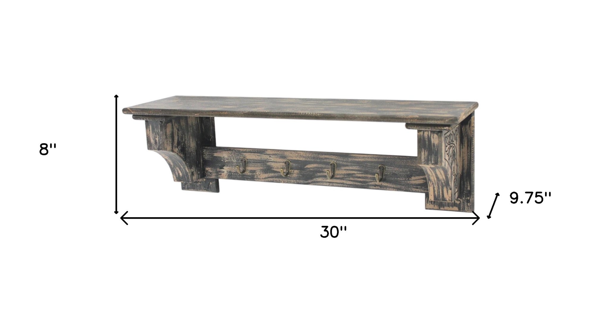 30" Black Distressed Wood Four Hook Wall Mounted Hanging Coat Rack-Wall Mounted Shelves-DECOROLALA