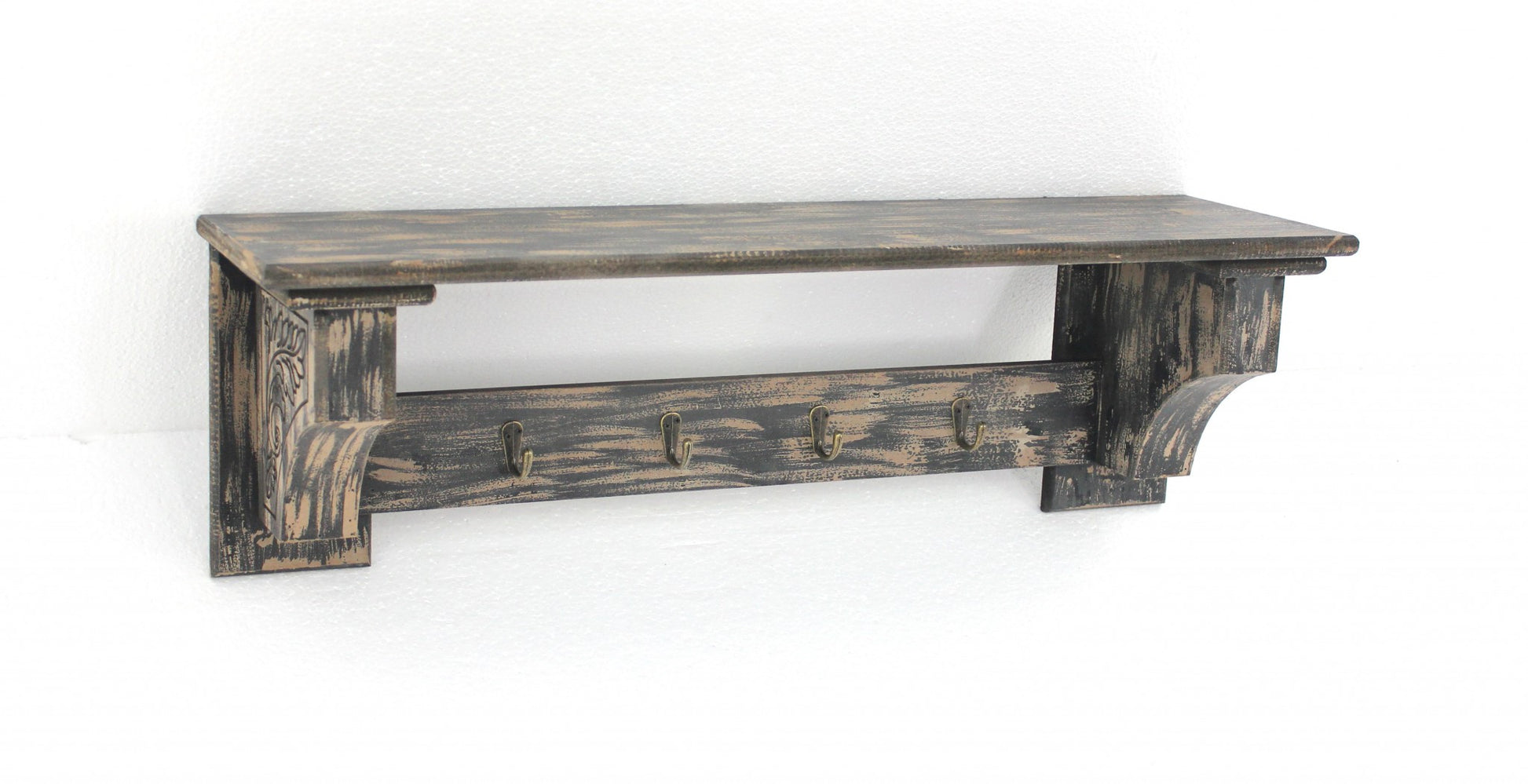 30" Black Distressed Wood Four Hook Wall Mounted Hanging Coat Rack-Wall Mounted Shelves-DECOROLALA