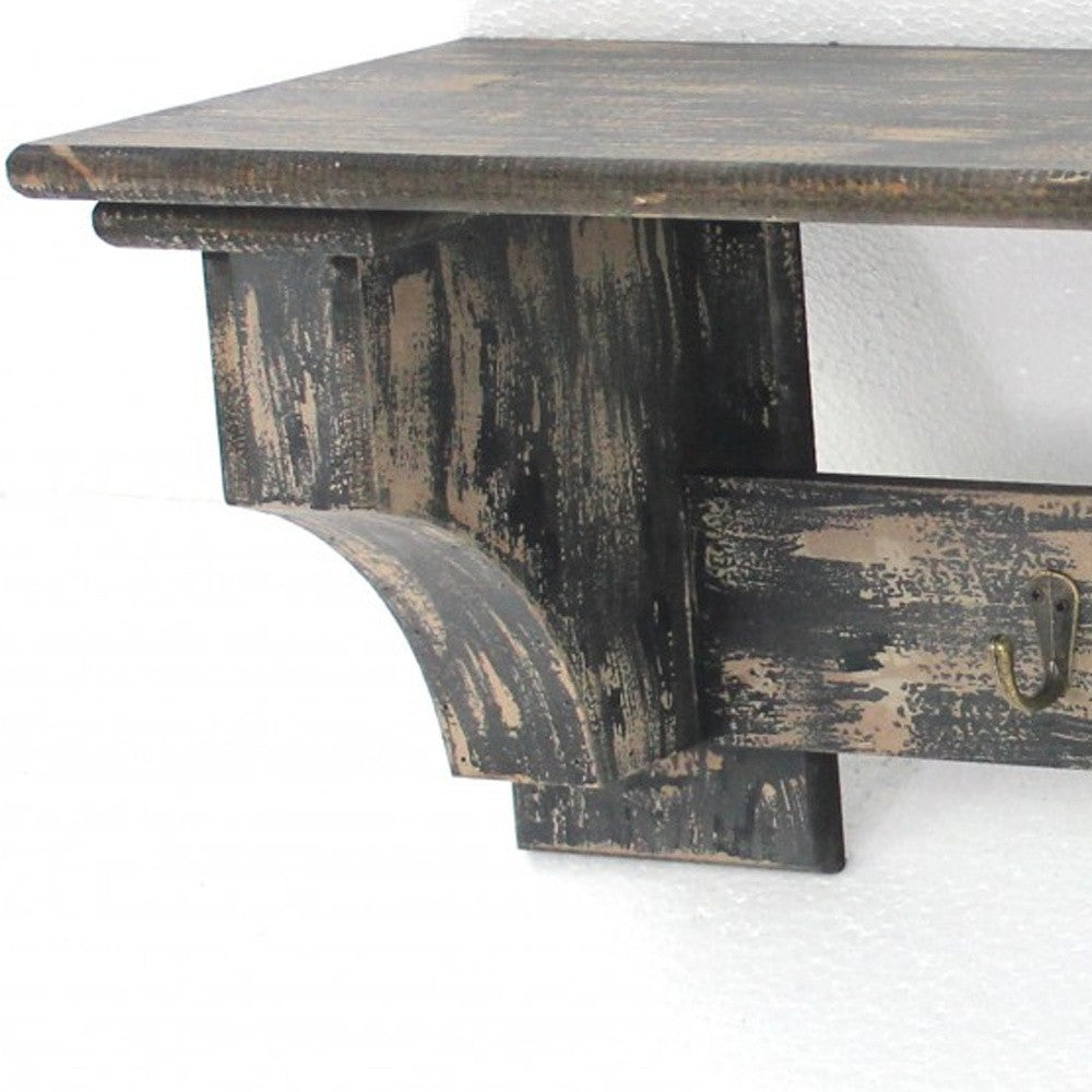 30" Black Distressed Wood Four Hook Wall Mounted Hanging Coat Rack-Wall Mounted Shelves-DECOROLALA