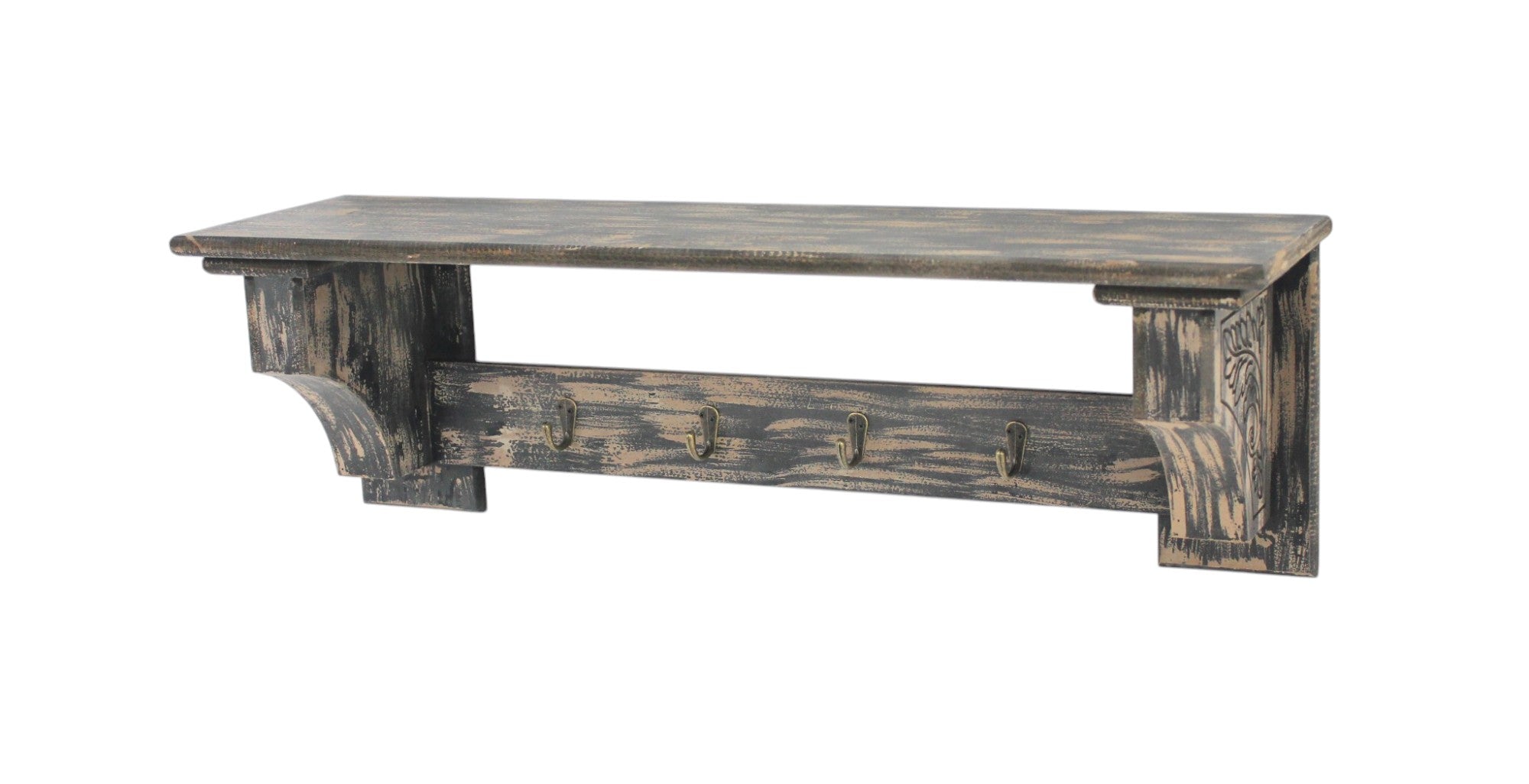 30" Black Distressed Wood Four Hook Wall Mounted Hanging Coat Rack-Wall Mounted Shelves-DECOROLALA