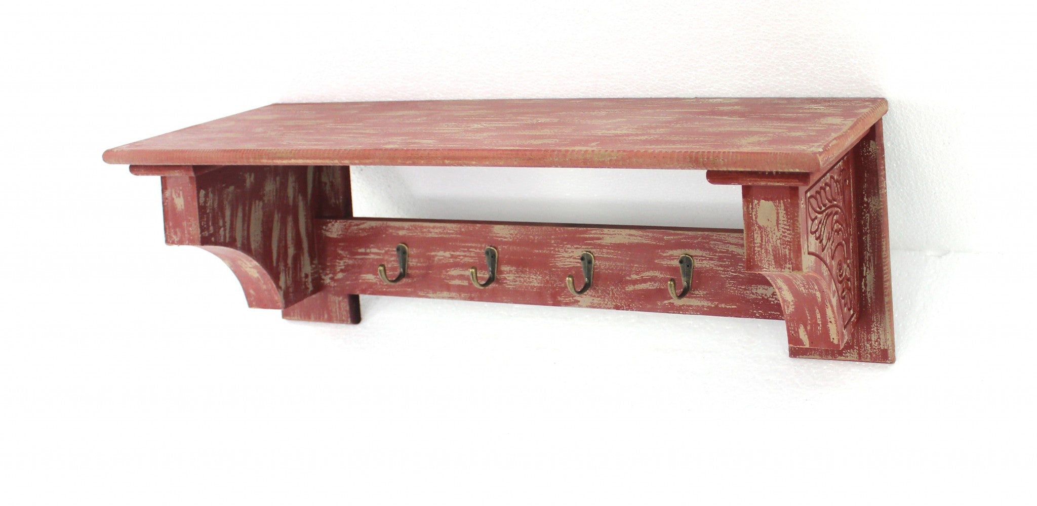 30" Red Distressed Wood Four Hook Wall Mounted Hanging Coat Rack-Wall Mounted Shelves-DECOROLALA