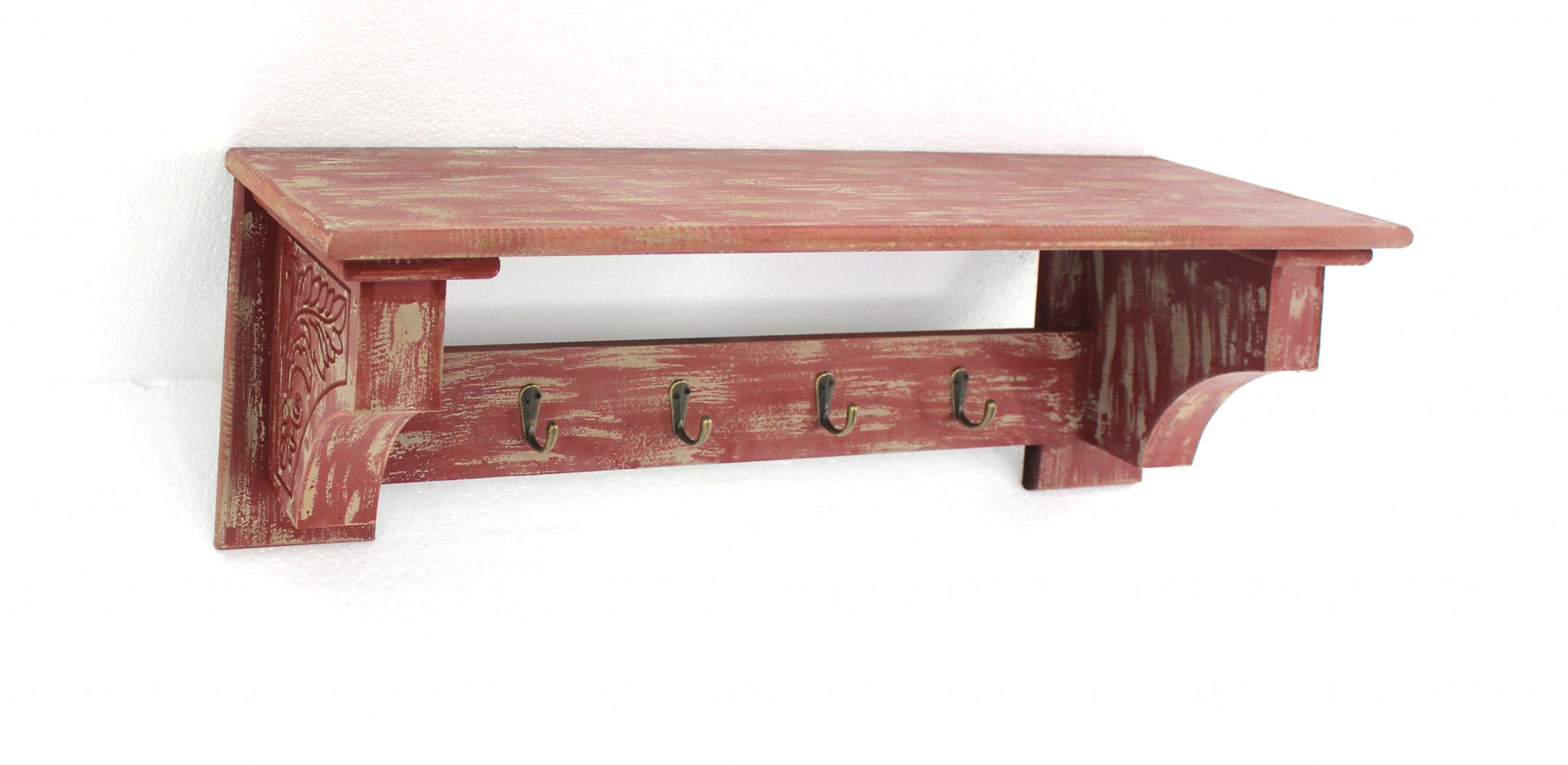 30" Red Distressed Wood Four Hook Wall Mounted Hanging Coat Rack-Wall Mounted Shelves-DECOROLALA