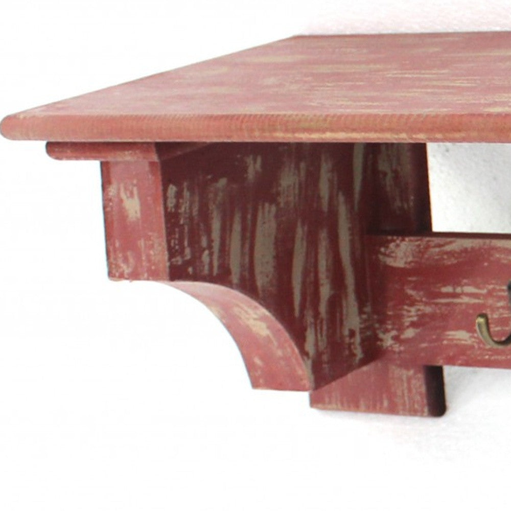 30" Red Distressed Wood Four Hook Wall Mounted Hanging Coat Rack-Wall Mounted Shelves-DECOROLALA