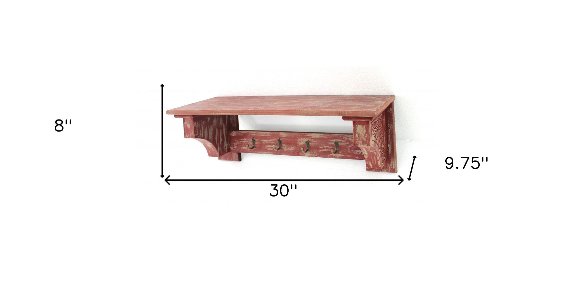 30" Red Distressed Wood Four Hook Wall Mounted Hanging Coat Rack-Wall Mounted Shelves-DECOROLALA
