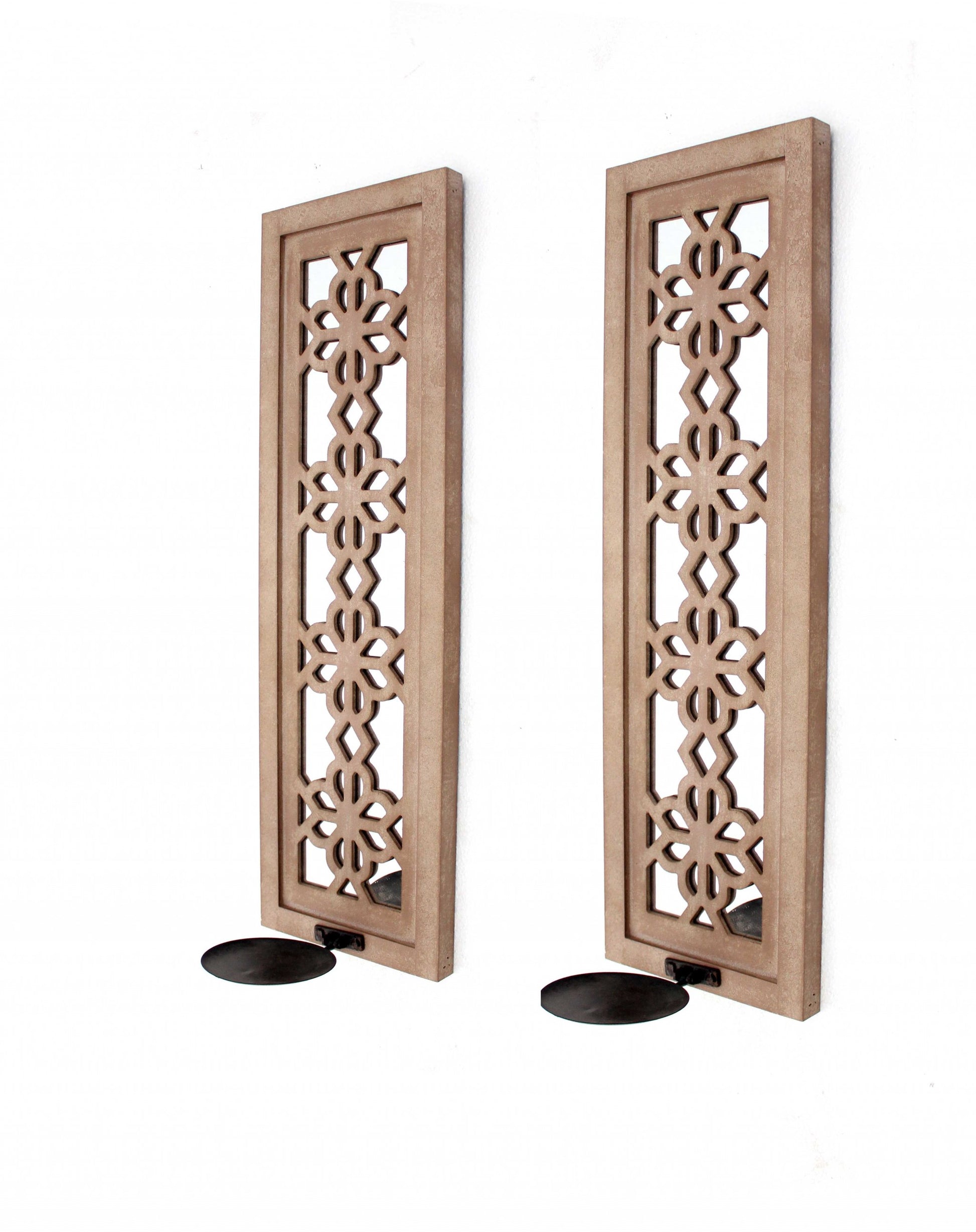 Set of Two Tan Lattice Wall Sconce Candle Holders-Candle Holders-DECOROLALA