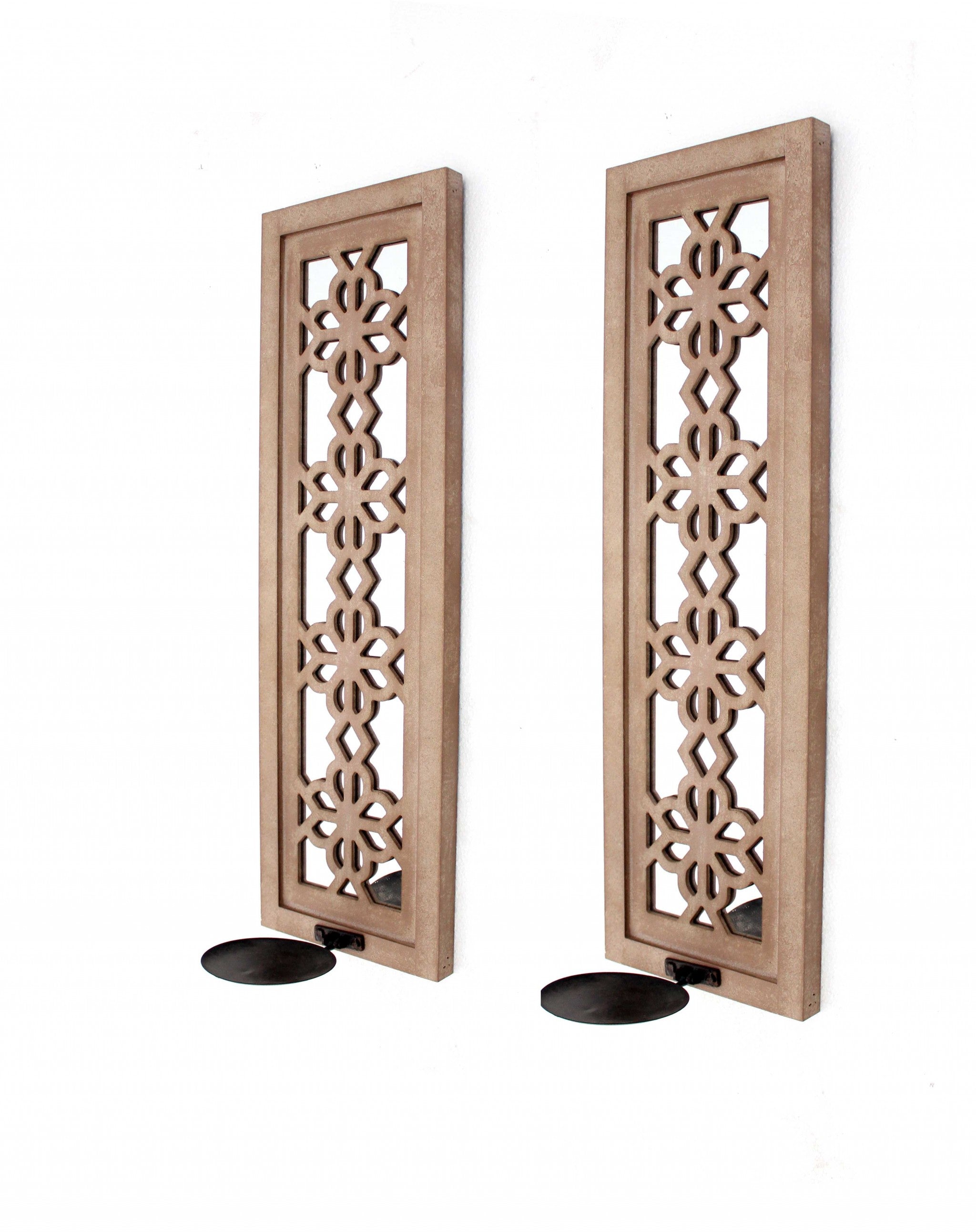 Set of Two Tan Lattice Wall Sconce Candle Holders-Candle Holders-DECOROLALA