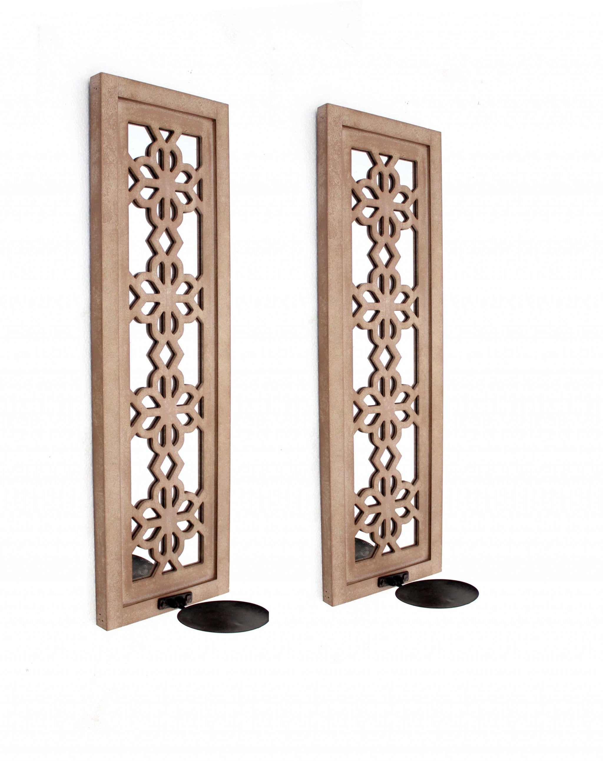 Set of Two Tan Lattice Wall Sconce Candle Holders-Candle Holders-DECOROLALA