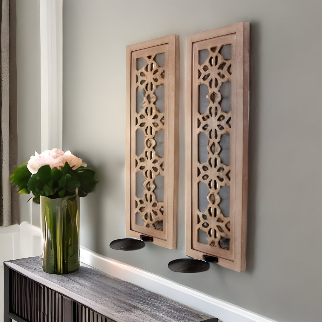 Set of Two Tan Lattice Wall Sconce Candle Holders-Candle Holders-DECOROLALA