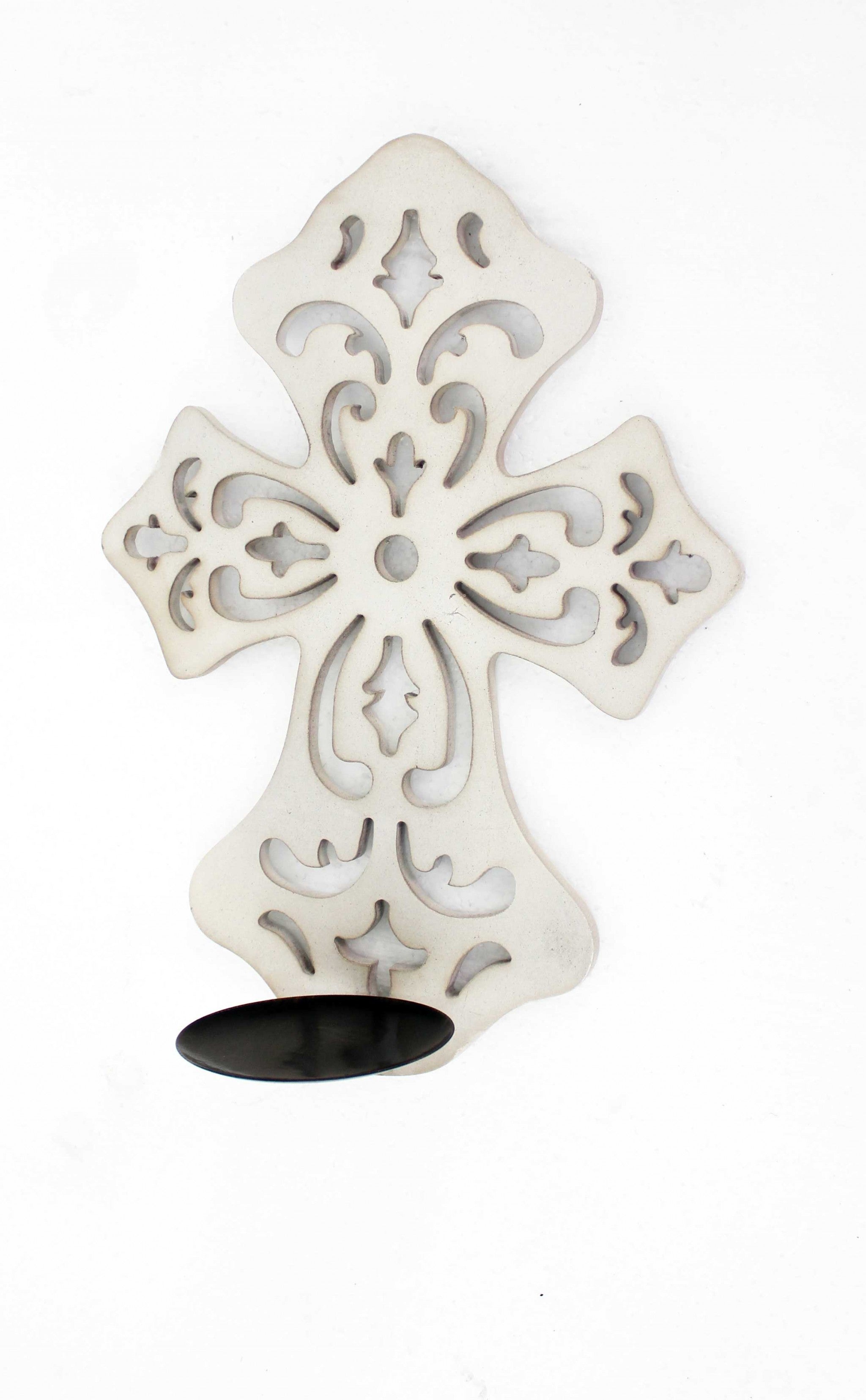 15.5 X 5 X 11 White Wooden Cross - Candle Holder Sconce-Candle Holders-DECOROLALA