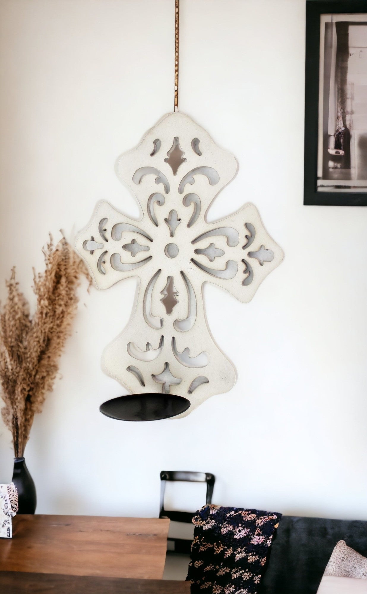 15.5 X 5 X 11 White Wooden Cross - Candle Holder Sconce-Candle Holders-DECOROLALA