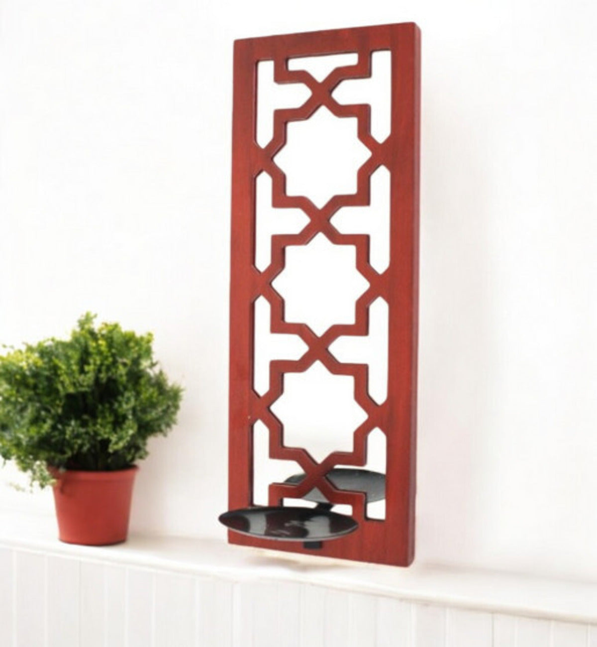 17" X 5" X 6" Red, Wooden Cross - Candle Holder Sconce-Candle Holders-DECOROLALA