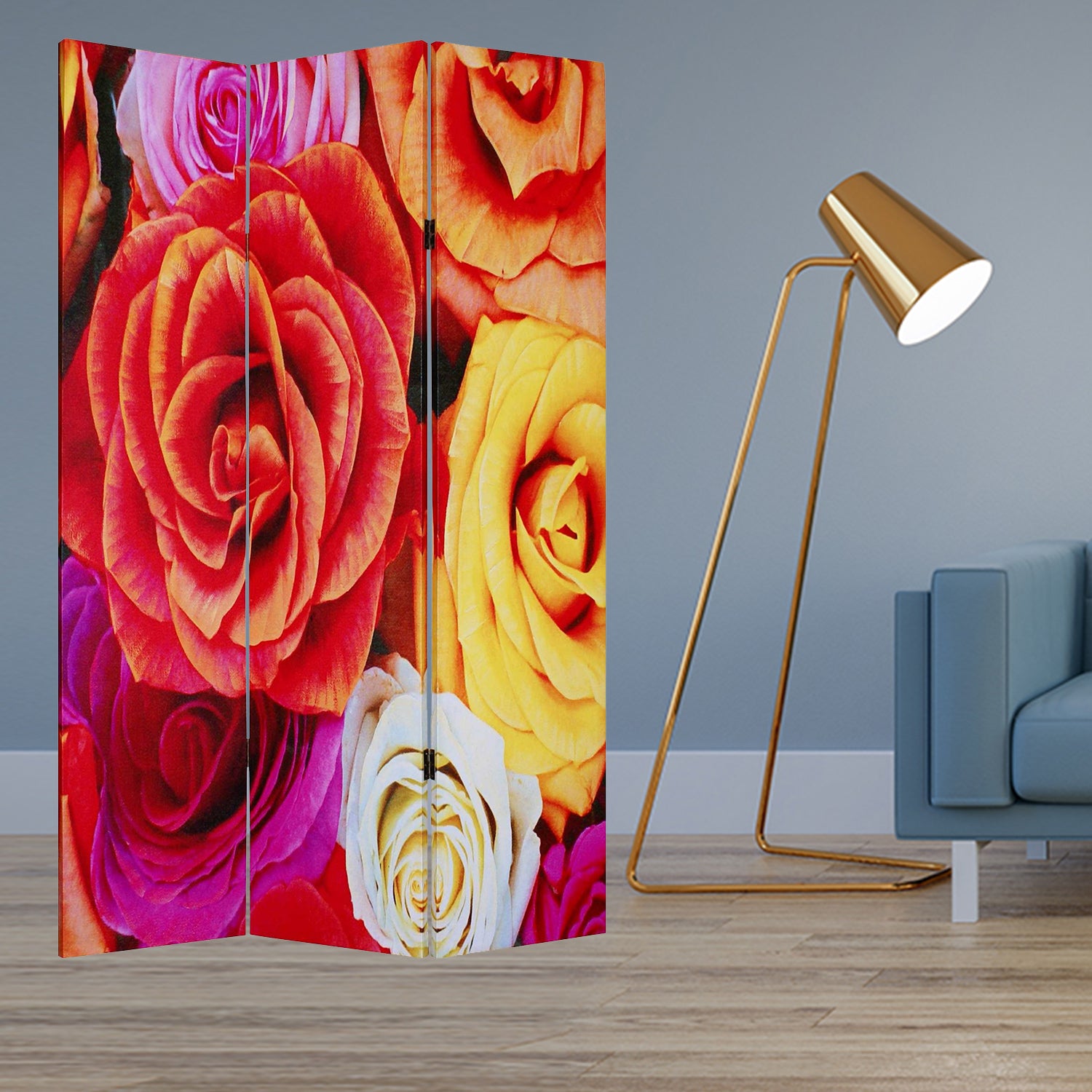 48 X 72 Multi Color Wood Canvas Daisy And Rose Screen-Room Dividers-DECOROLALA