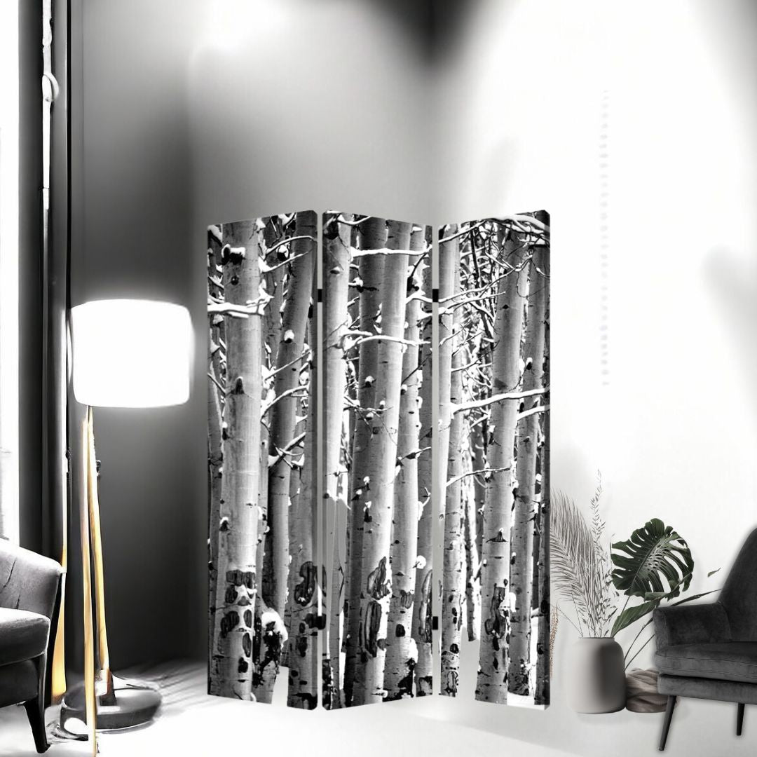 48" X 72" Gray And White Wood Canvas Birch Screen-Room Dividers-DECOROLALA