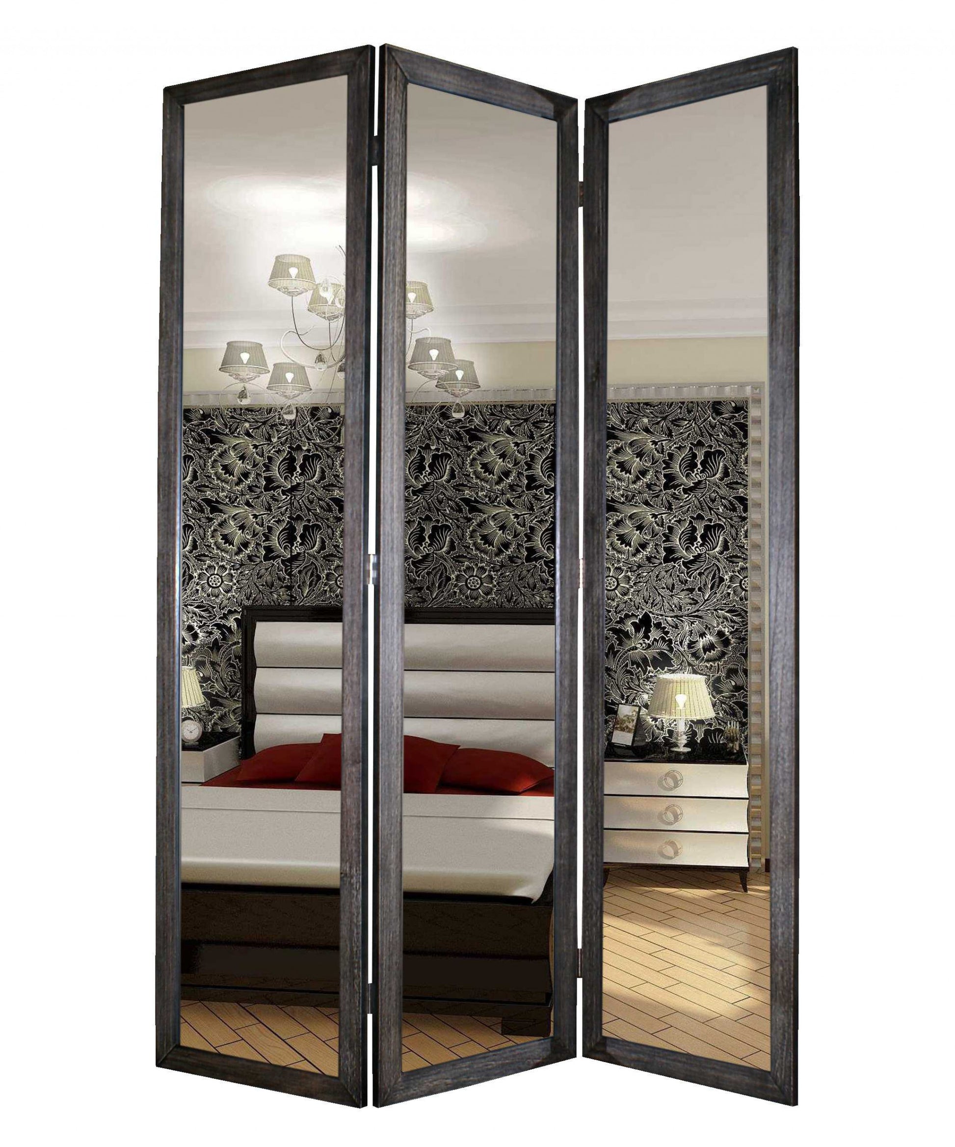 69" Black Wood and Mirrored Glass Folding Three Panel Screen Room Divider-Room Dividers-DECOROLALA