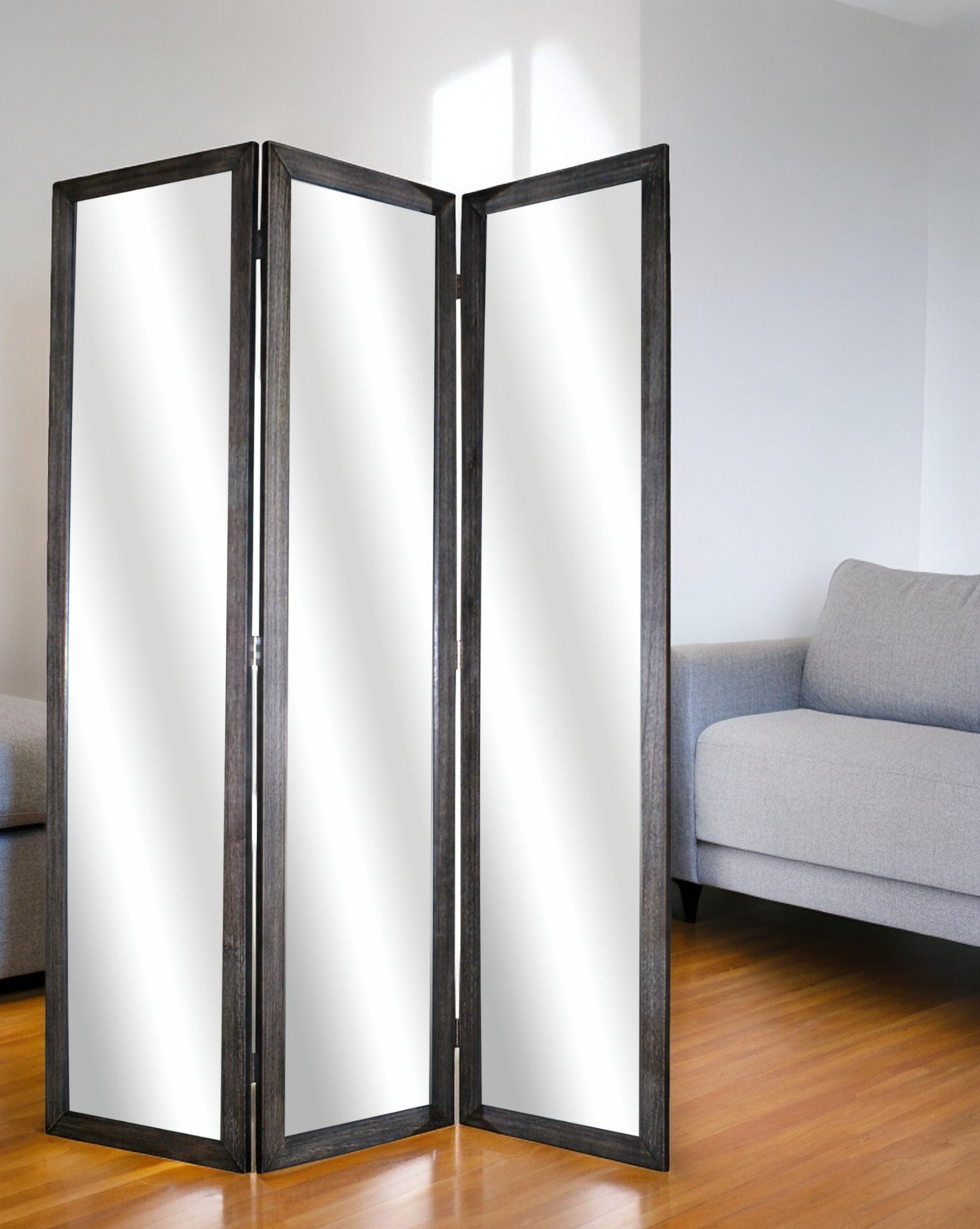 69" Black Wood and Mirrored Glass Folding Three Panel Screen Room Divider-Room Dividers-DECOROLALA