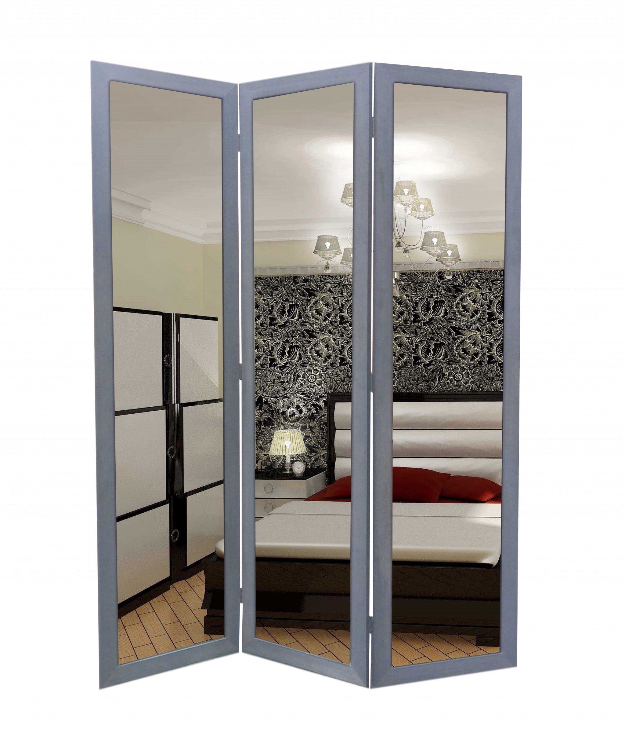 50 X 69 Gray Glass & Wood Mirror Screen-Room Dividers-DECOROLALA