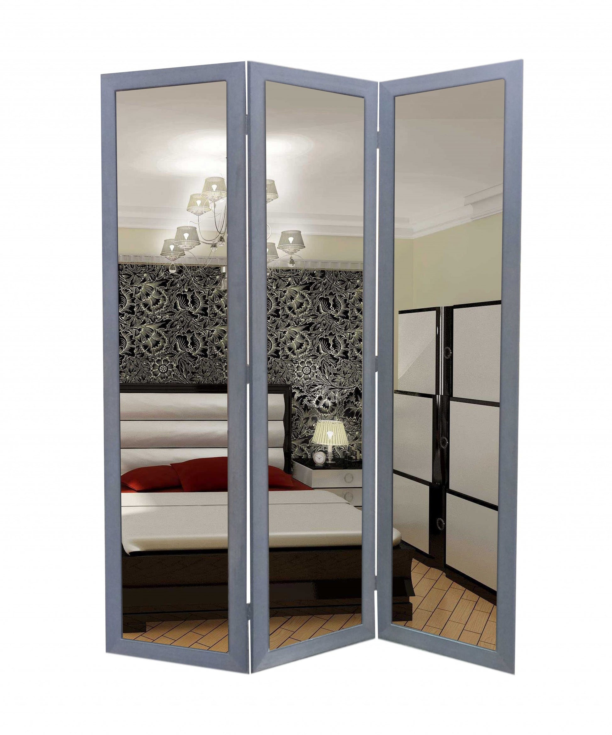 50 X 69 Gray Glass & Wood Mirror Screen-Room Dividers-DECOROLALA