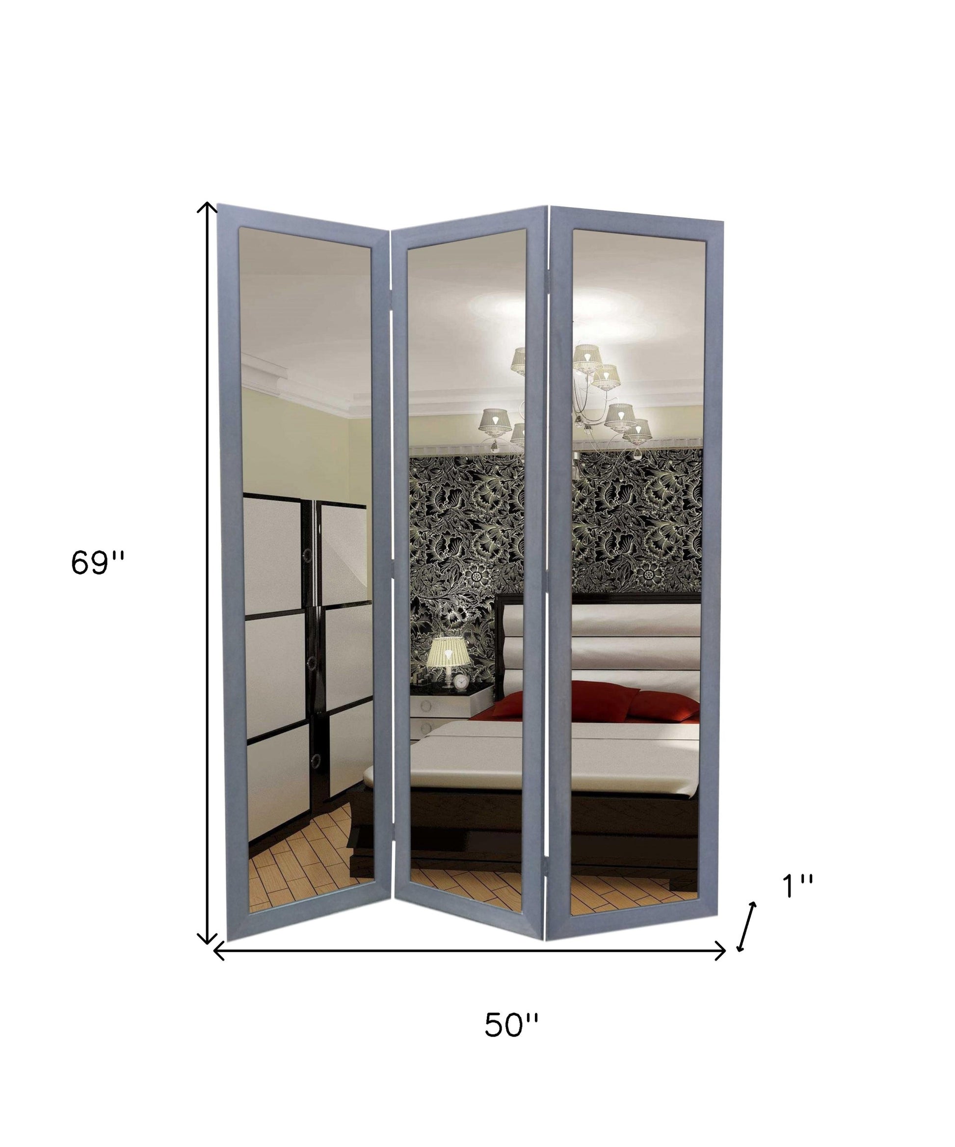 50 X 69 Gray Glass & Wood Mirror Screen-Room Dividers-DECOROLALA