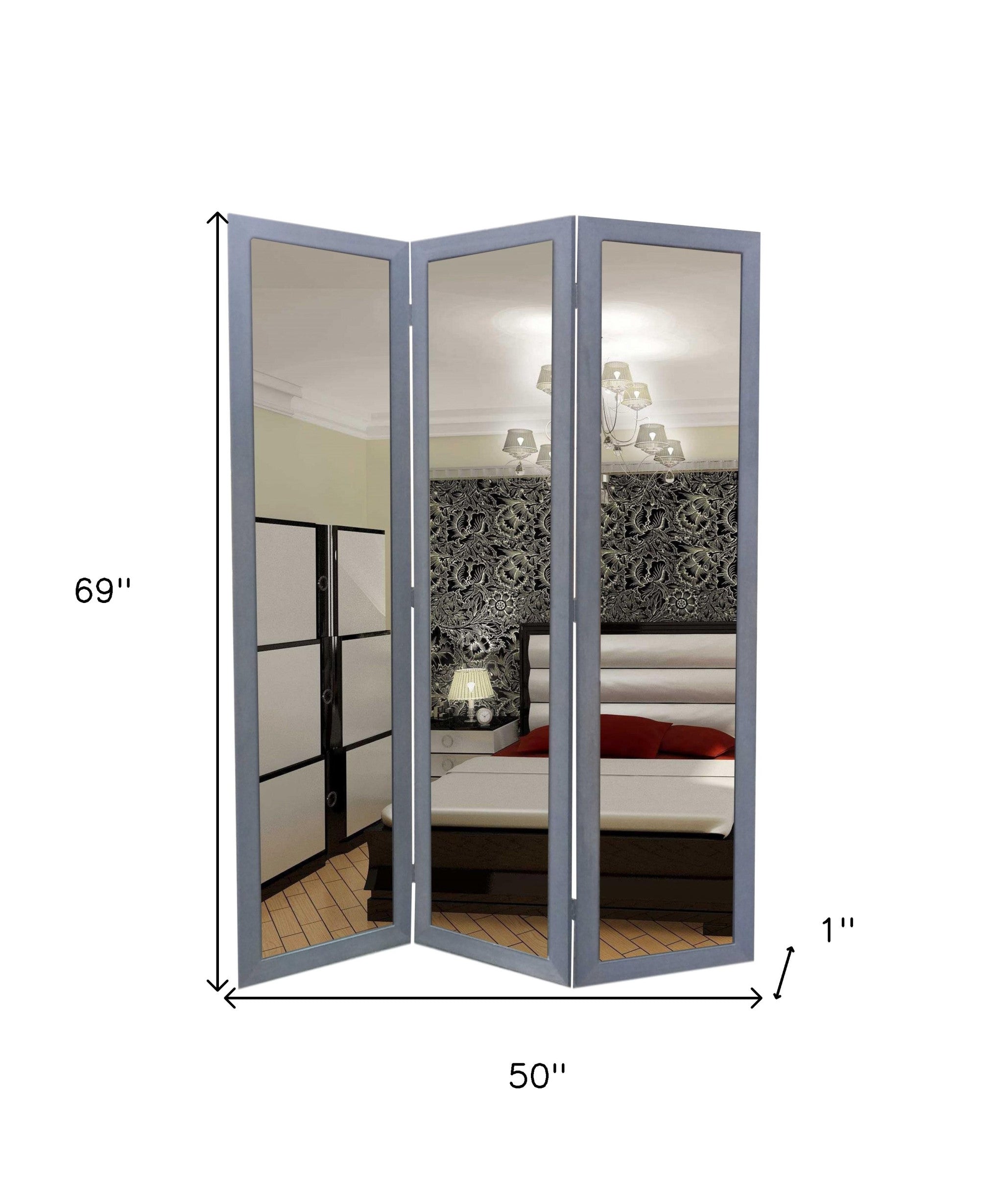 50 X 69 Gray Glass & Wood Mirror Screen-Room Dividers-DECOROLALA