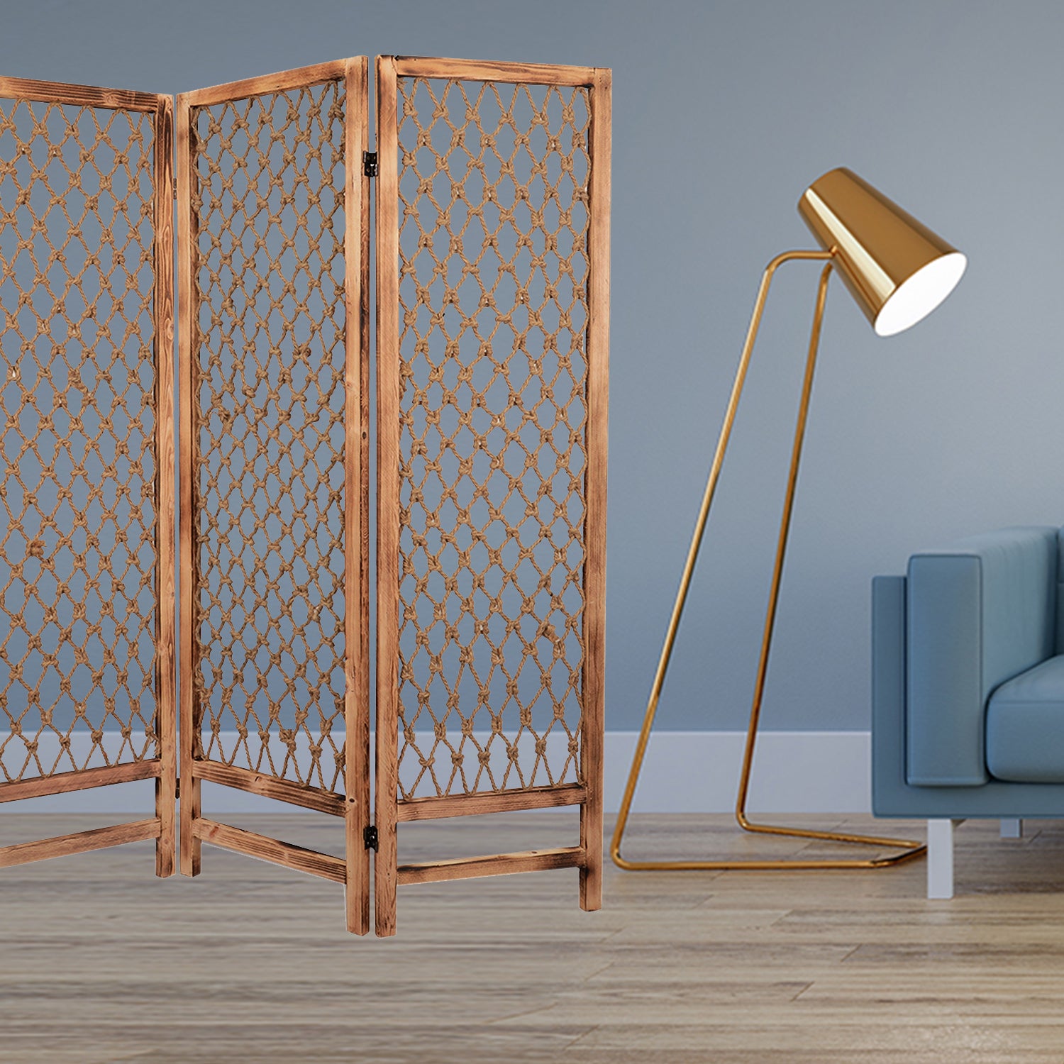 60 X 69 Natural Rope Wooden Screen-Room Dividers-DECOROLALA
