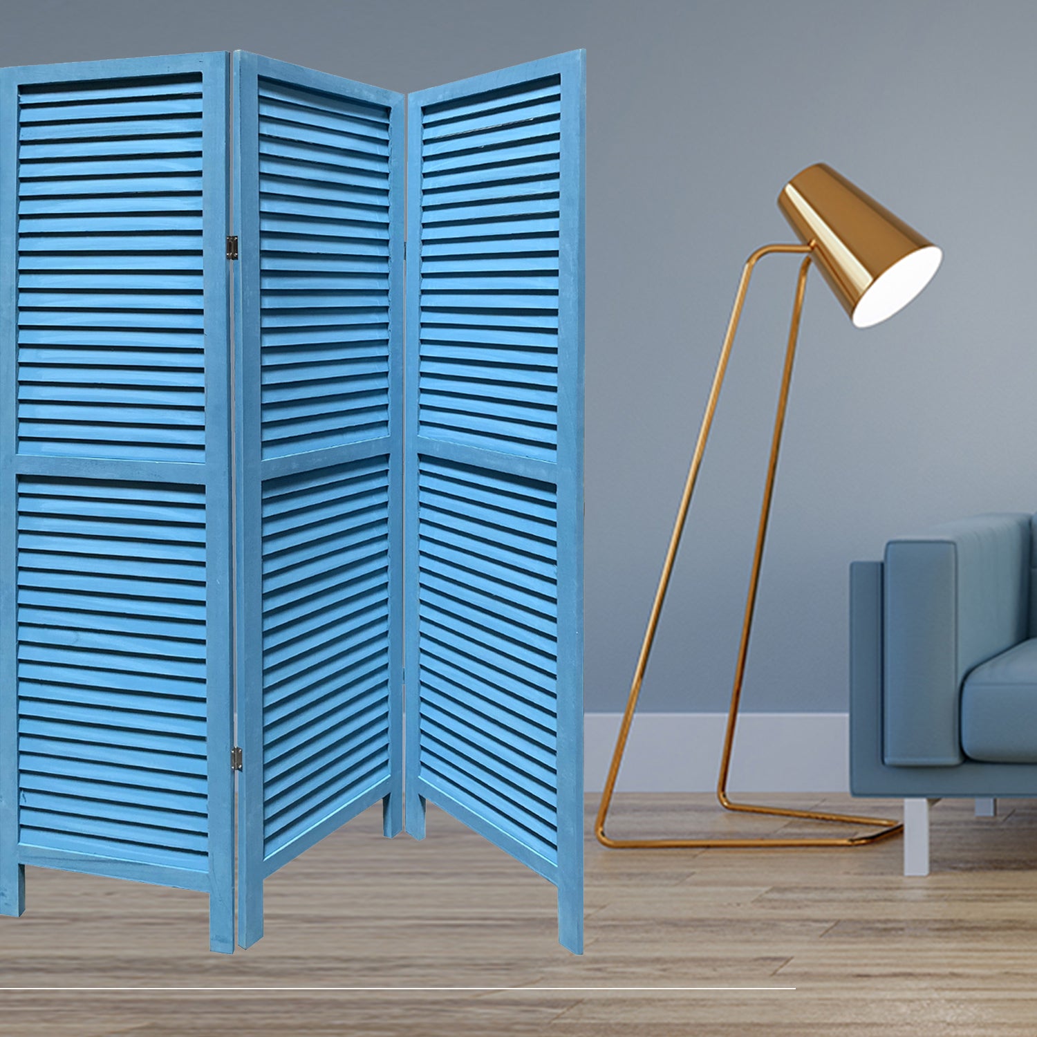 Blue Finish Wood Shutter 3 Panel Room Divider Screen-Room Dividers-DECOROLALA