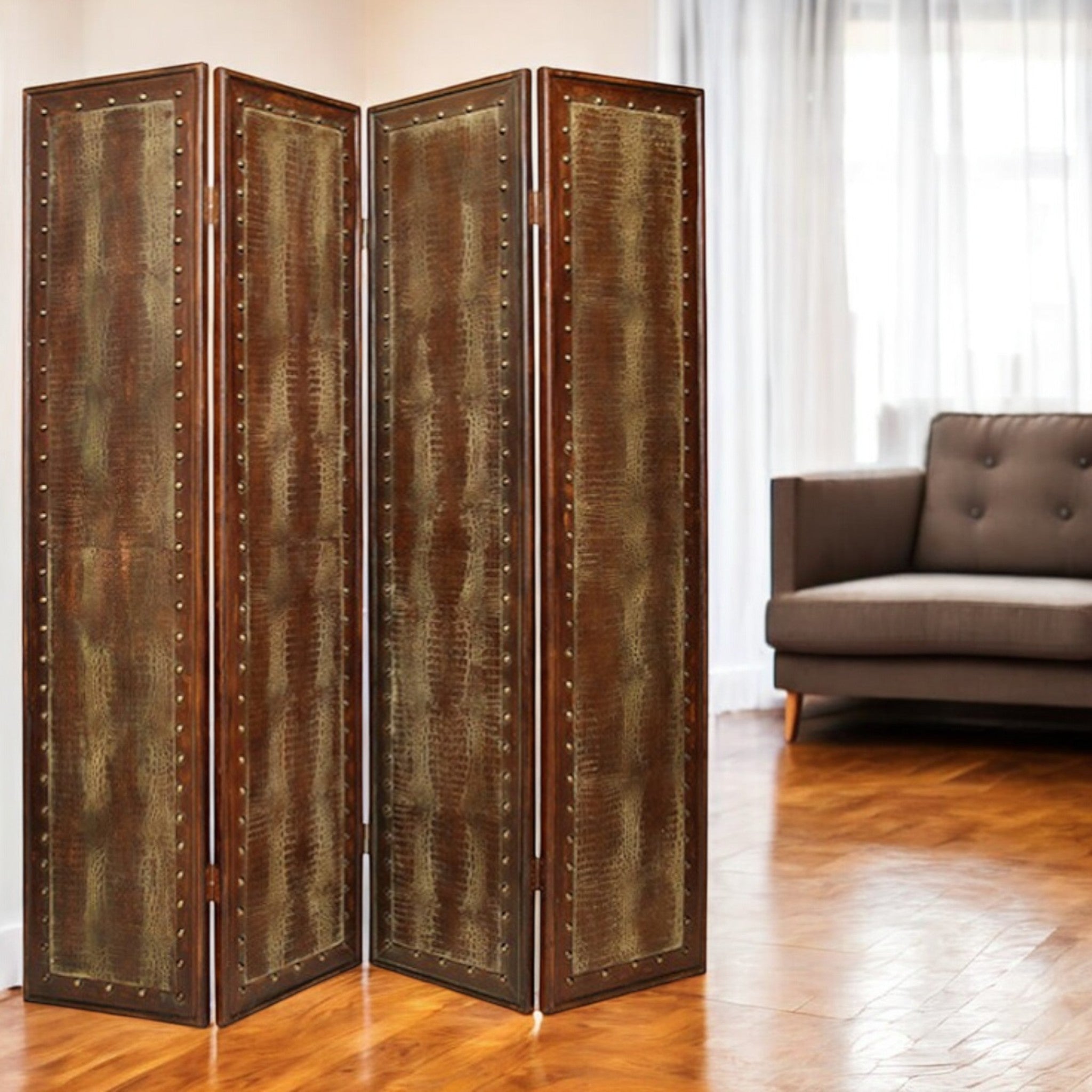 84" Brown Faux Leather Folding Four Panel Screen Room Divider-Room Dividers-DECOROLALA