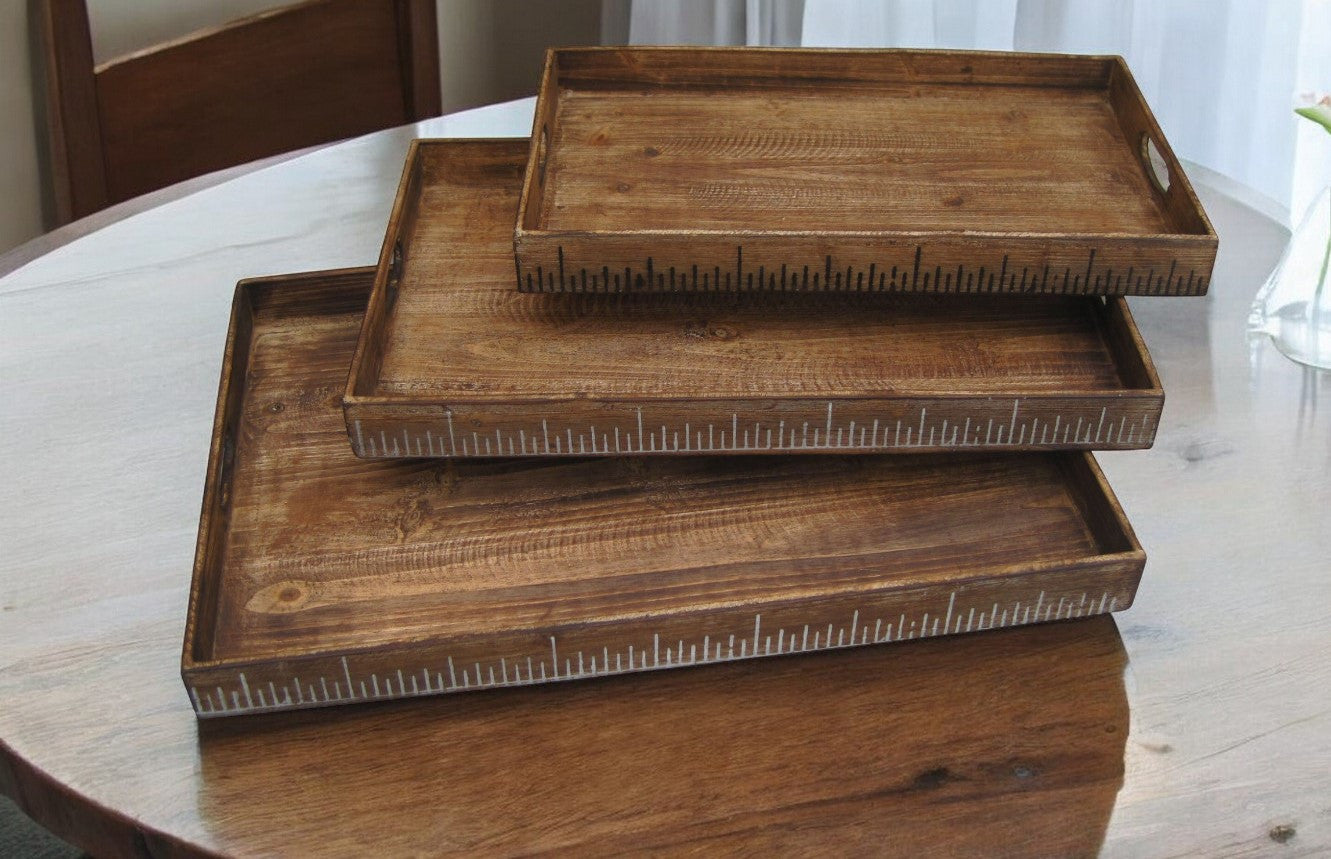 Set of Three Brown Wood Nesting Serving Trays-1