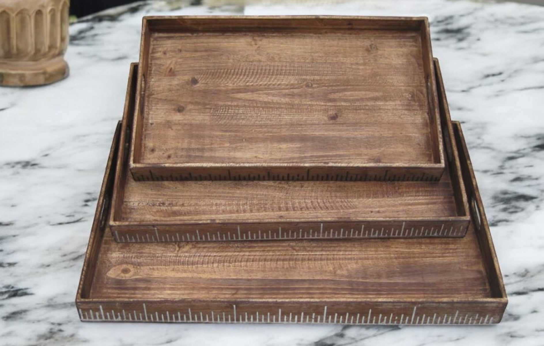 Set of Three Brown Wood Nesting Serving Trays-0