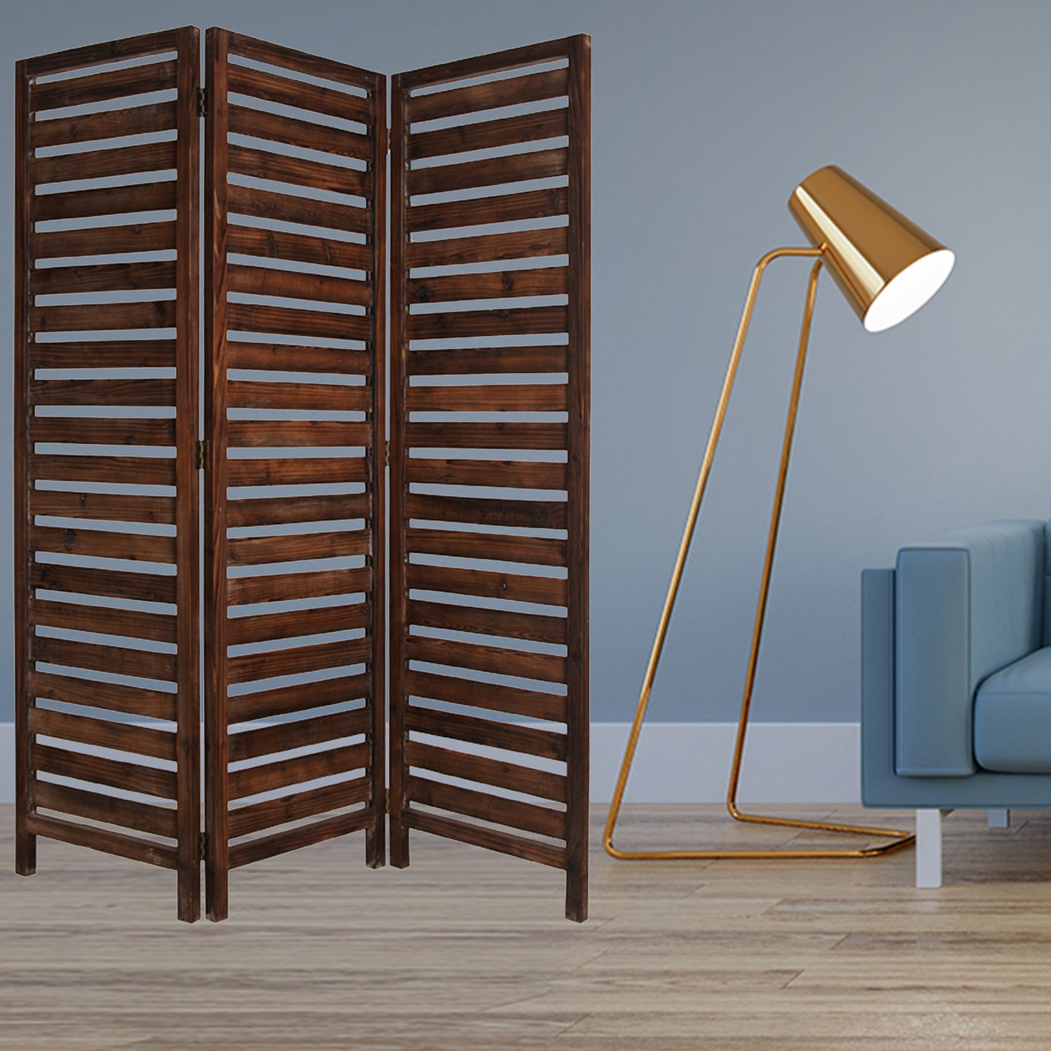 63" X 72" Brown 3 Panel Solid Wood Fortress Screen-Room Dividers-DECOROLALA