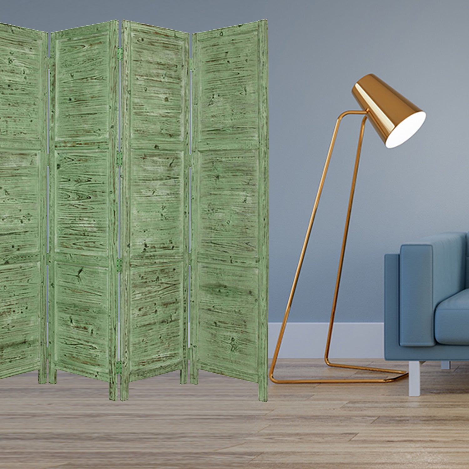 84" Green Rustic Wood Folding Four Panel Screen Room Divider-Room Dividers-DECOROLALA
