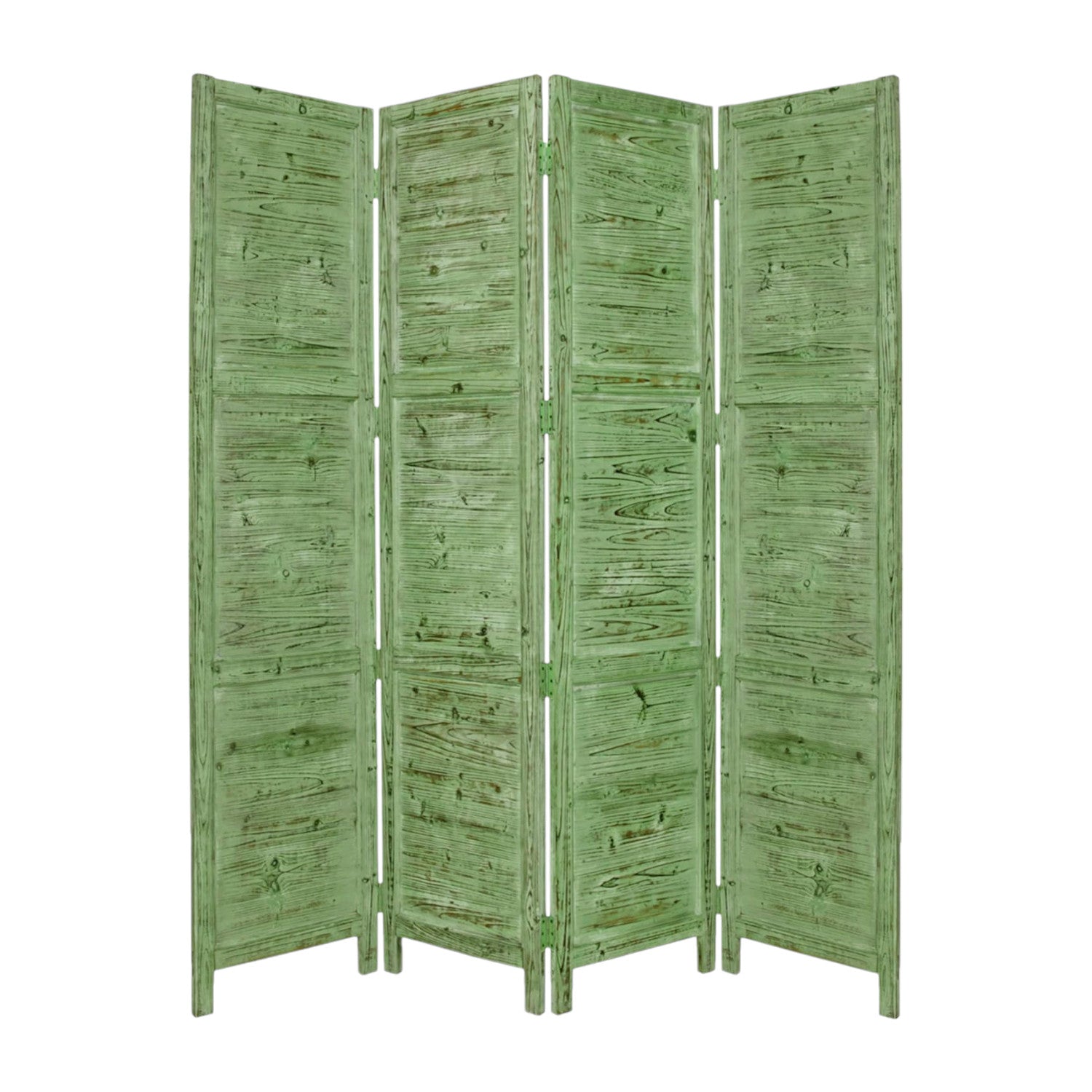 84" Green Rustic Wood Folding Four Panel Screen Room Divider-Room Dividers-DECOROLALA