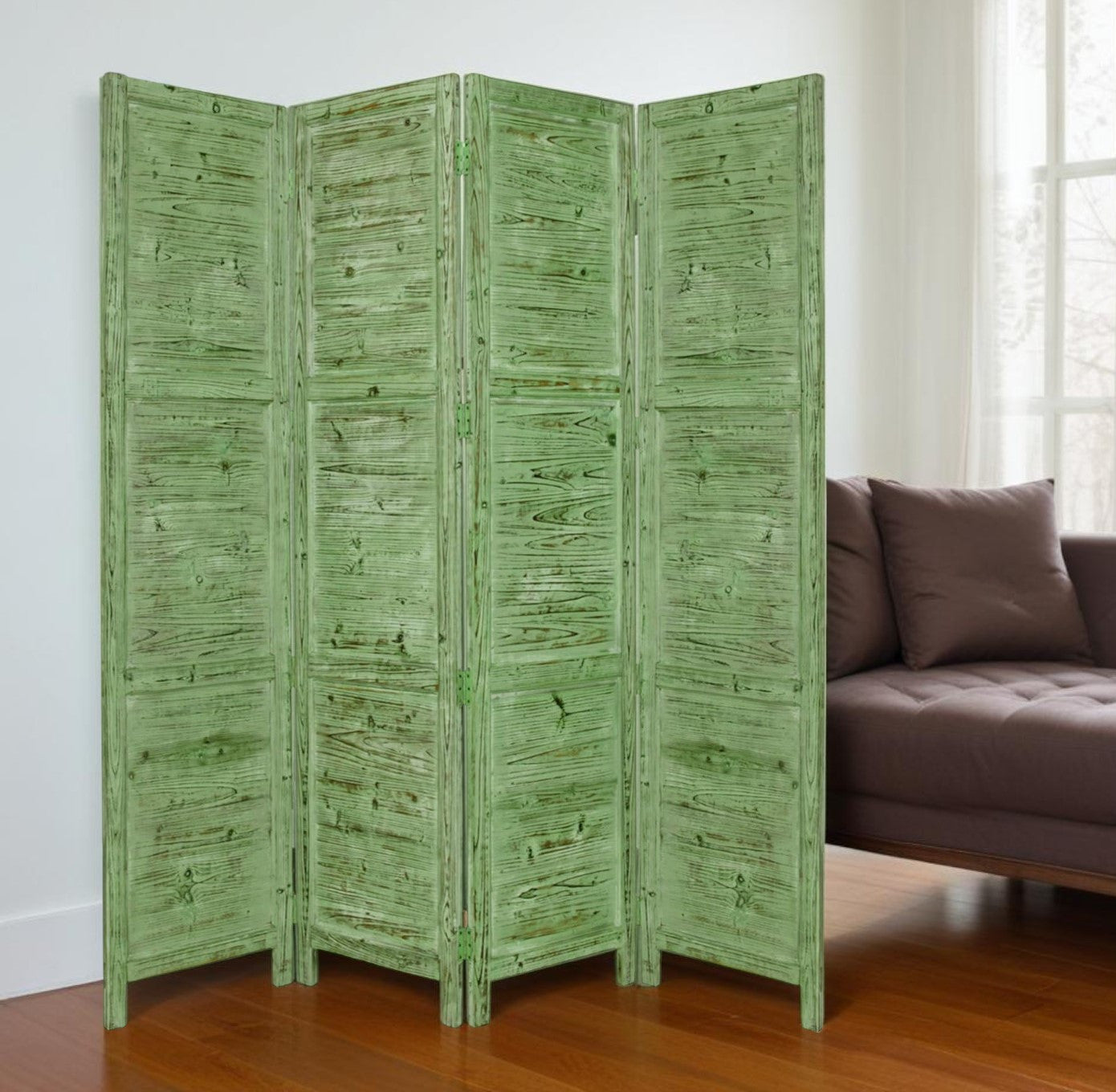 84" Green Rustic Wood Folding Four Panel Screen Room Divider-Room Dividers-DECOROLALA