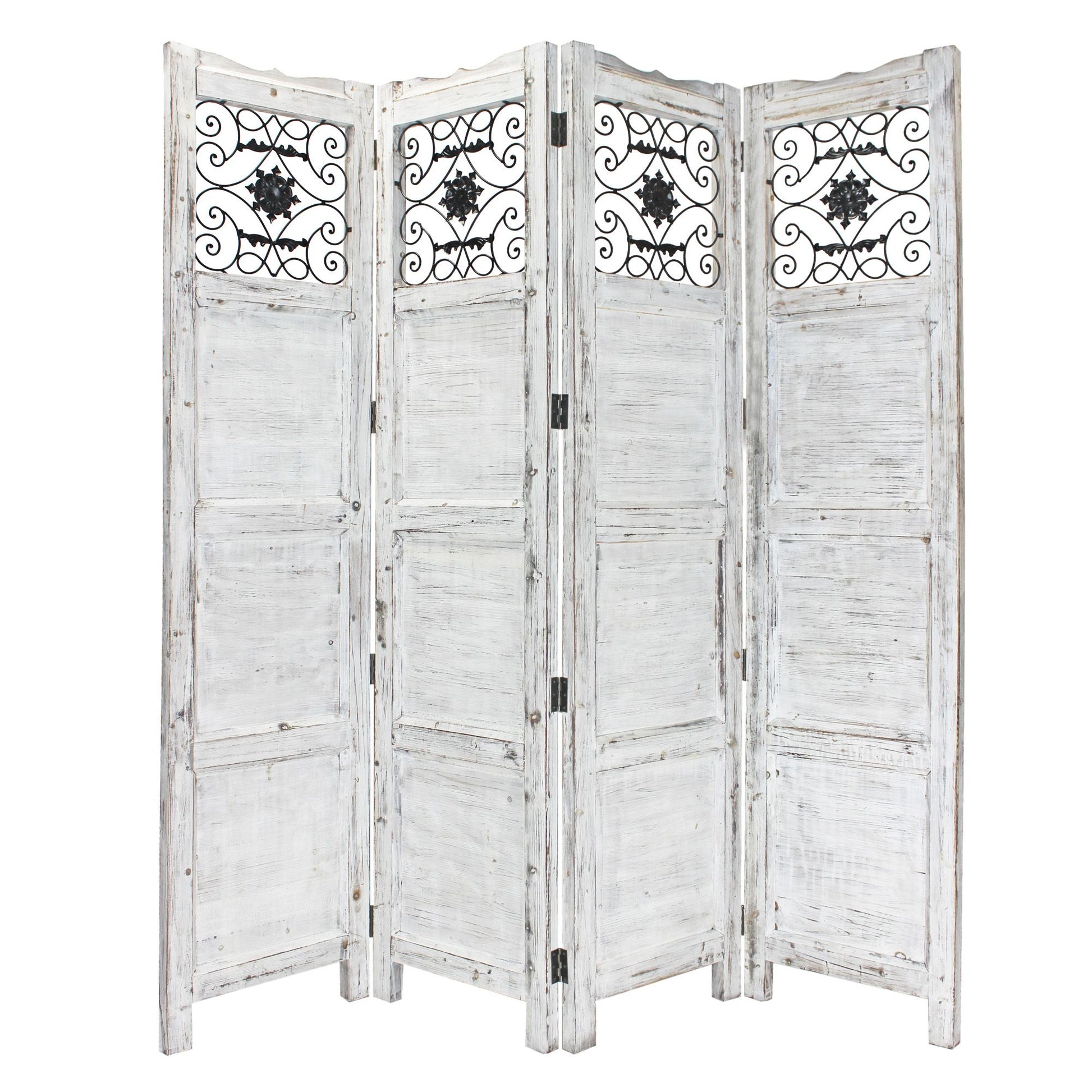 Gray Wash 4 Panel With Scroll Work Room Divider Screen-Room Dividers-DECOROLALA