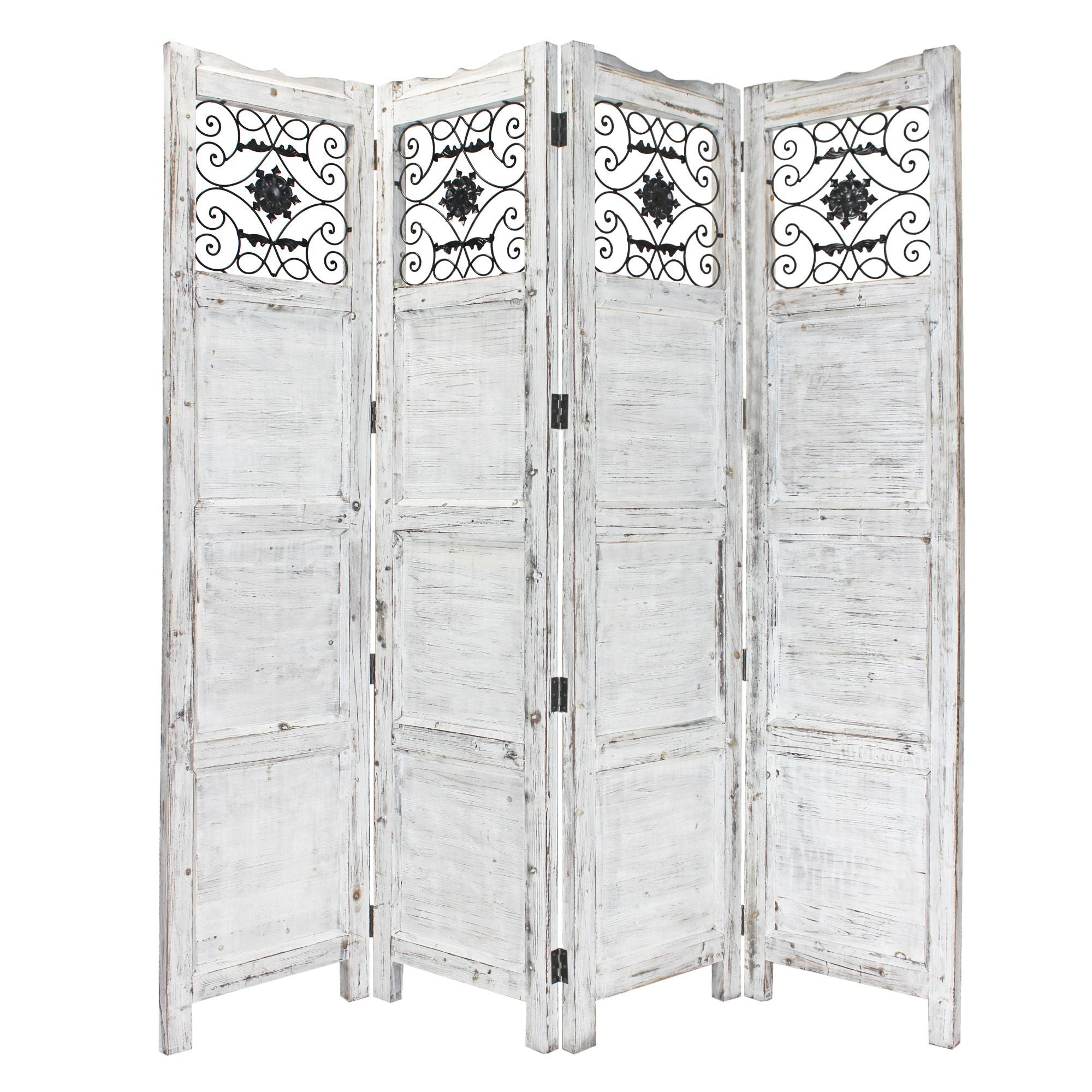 Gray Wash 4 Panel With Scroll Work Room Divider Screen-Room Dividers-DECOROLALA