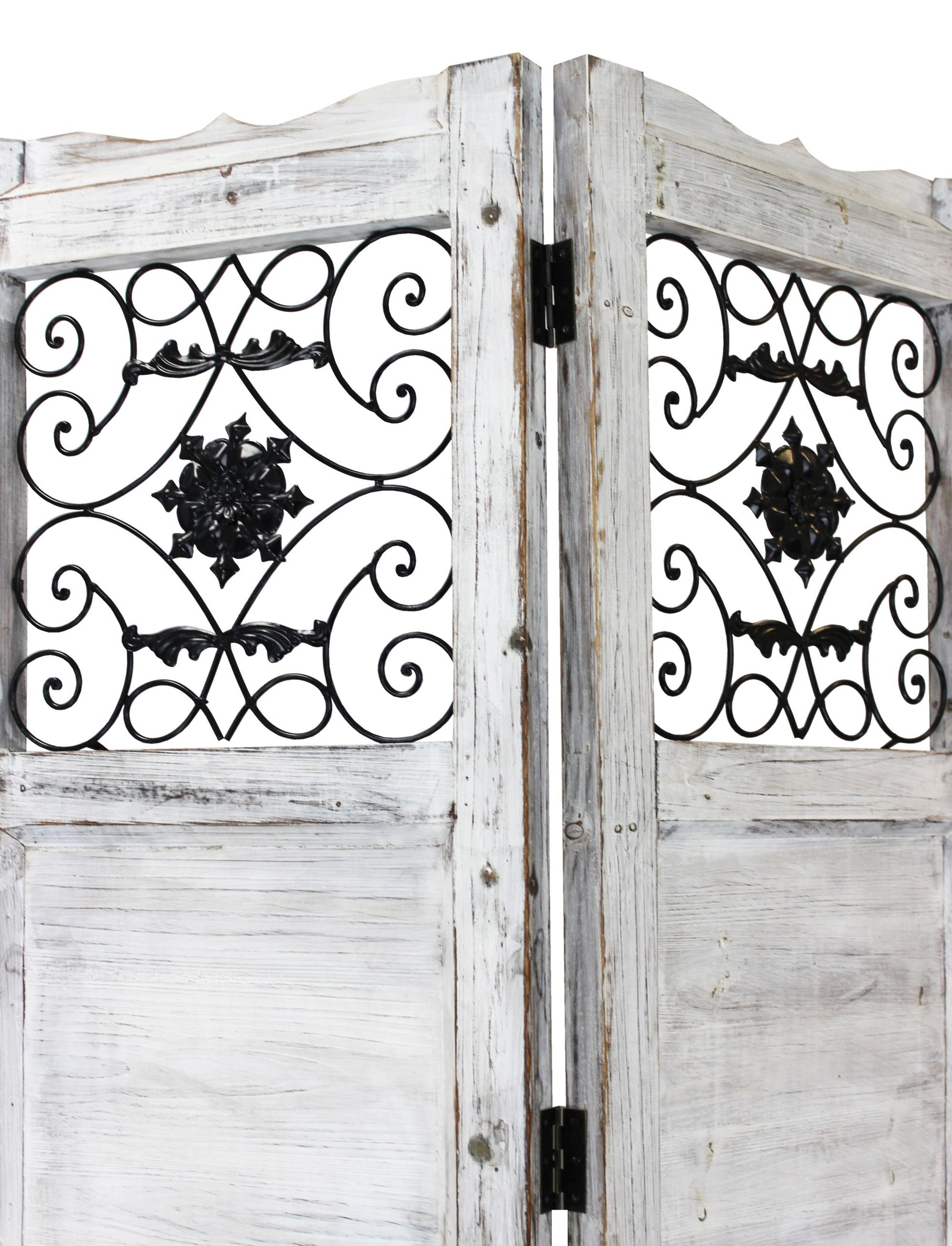 Gray Wash 4 Panel With Scroll Work Room Divider Screen-Room Dividers-DECOROLALA