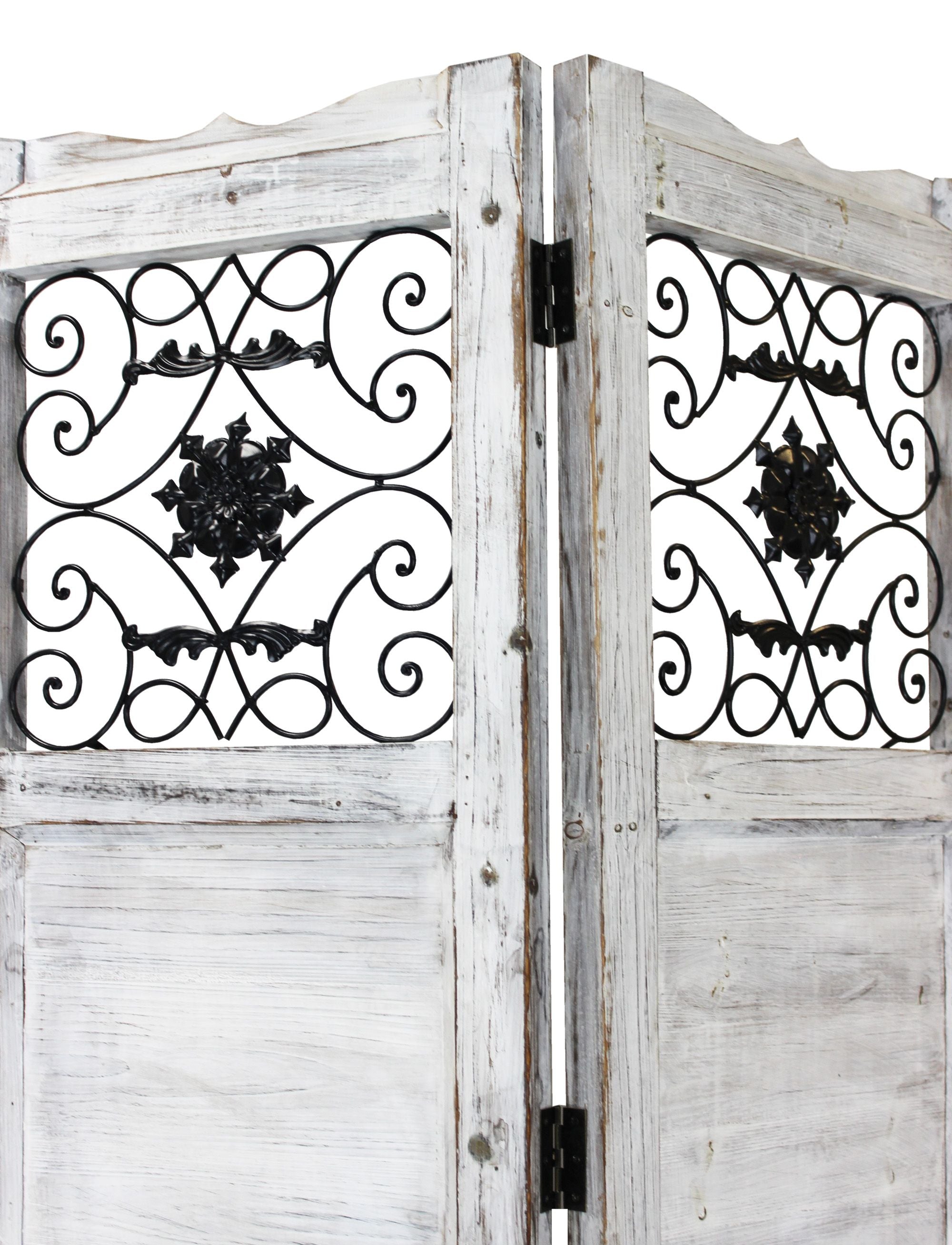Gray Wash 4 Panel With Scroll Work Room Divider Screen-Room Dividers-DECOROLALA