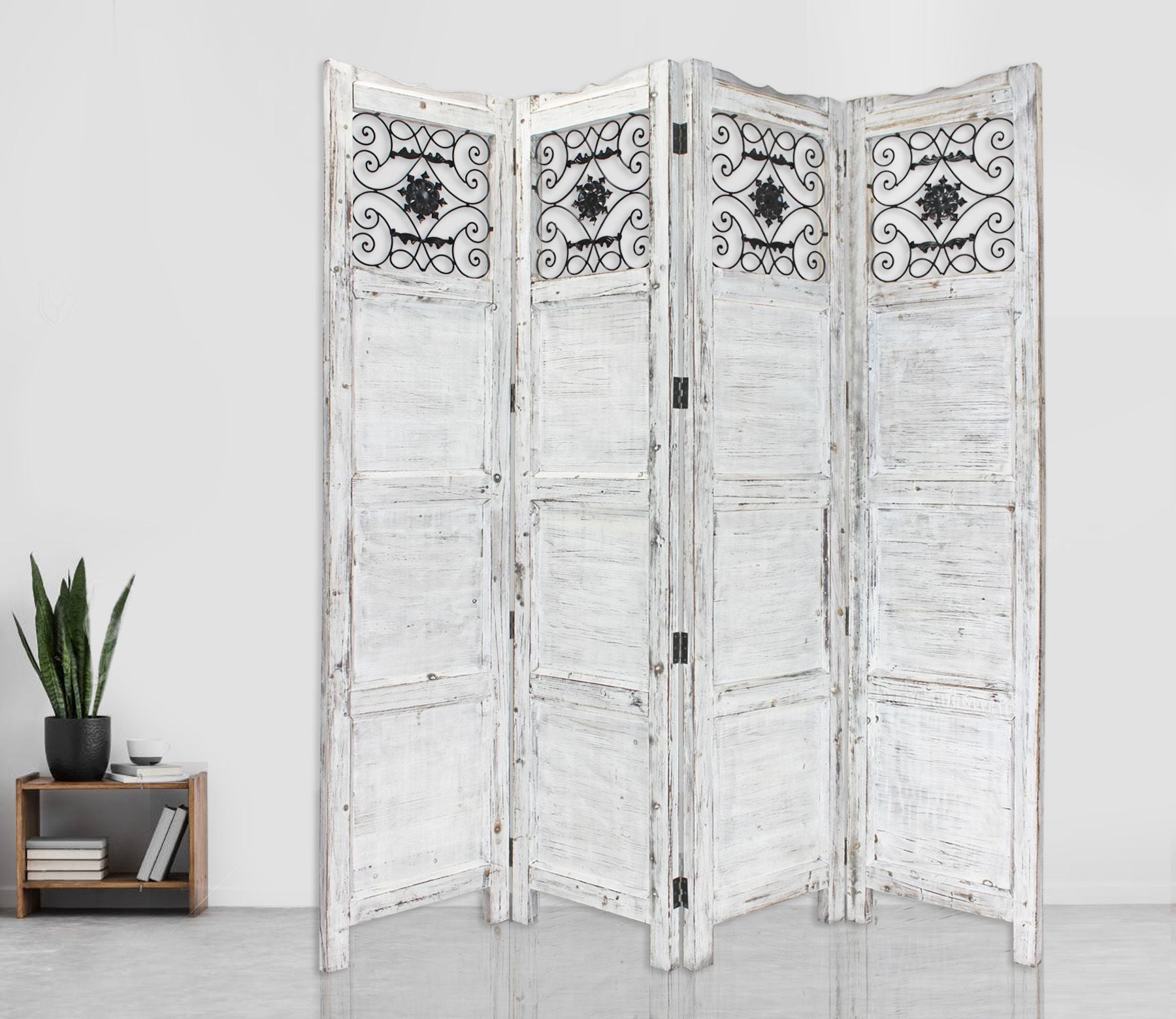 Gray Wash 4 Panel With Scroll Work Room Divider Screen-Room Dividers-DECOROLALA