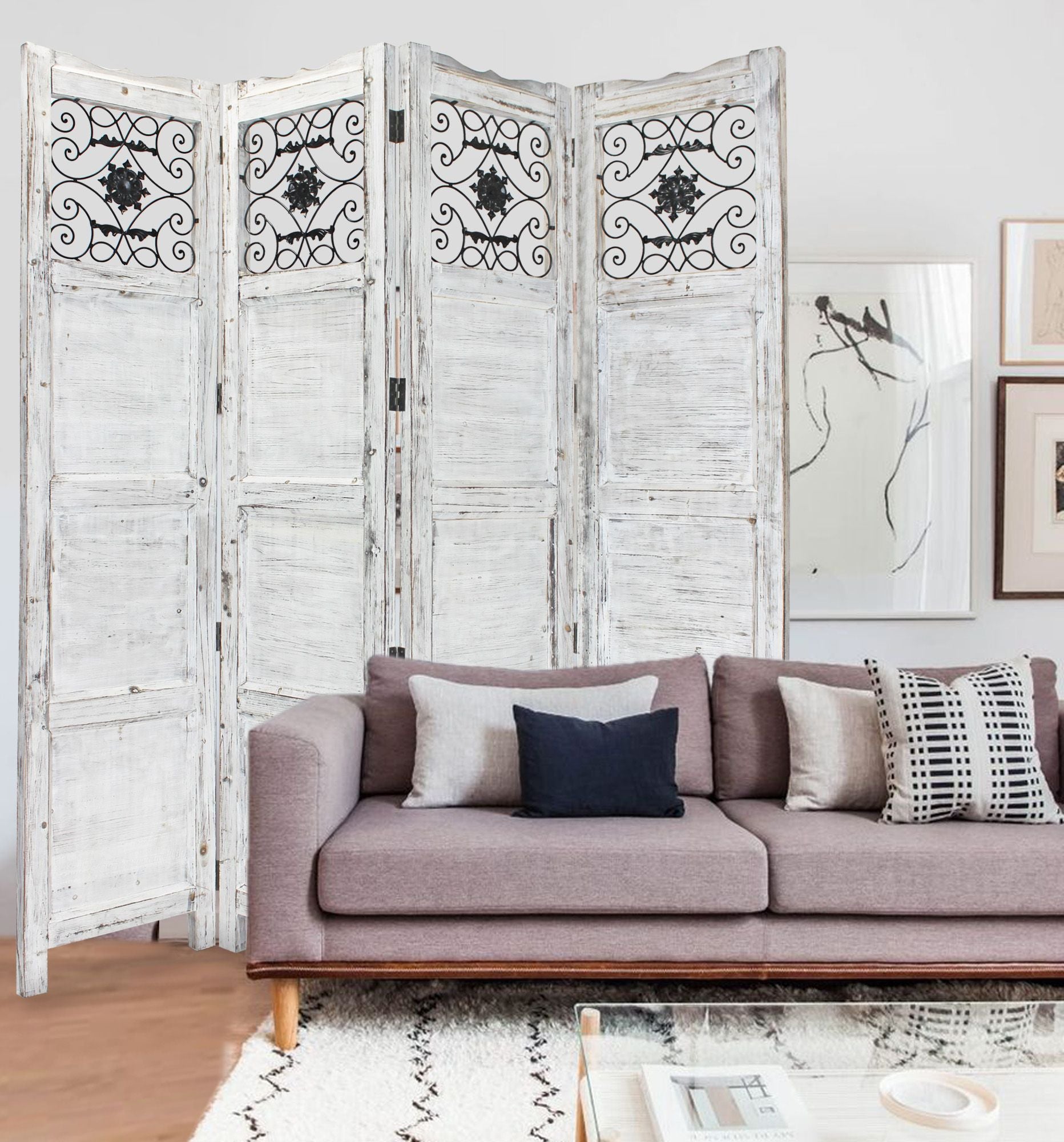Gray Wash 4 Panel With Scroll Work Room Divider Screen-Room Dividers-DECOROLALA