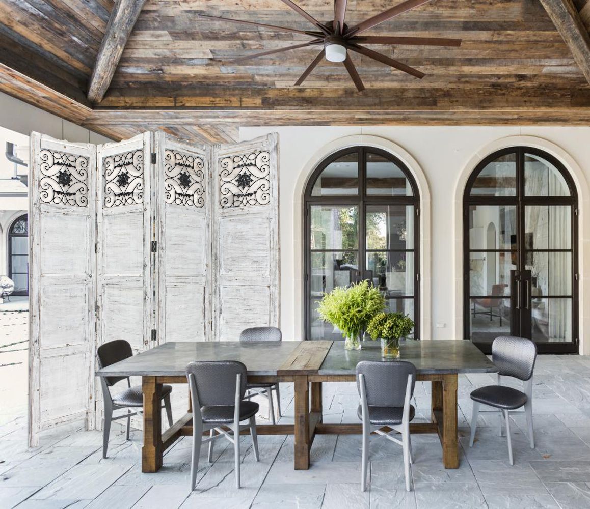 Gray Wash 4 Panel With Scroll Work Room Divider Screen-Room Dividers-DECOROLALA