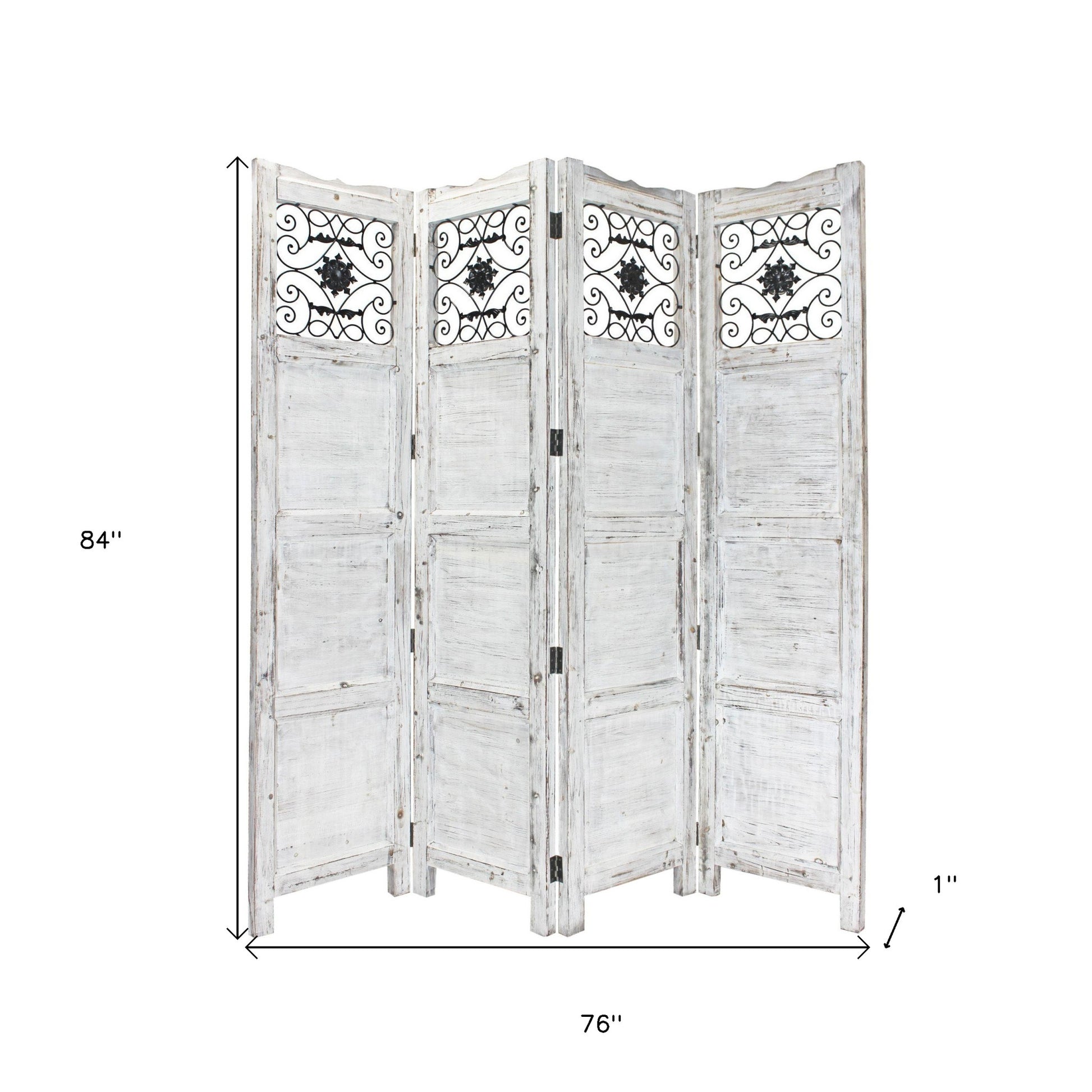 Gray Wash 4 Panel With Scroll Work Room Divider Screen-Room Dividers-DECOROLALA