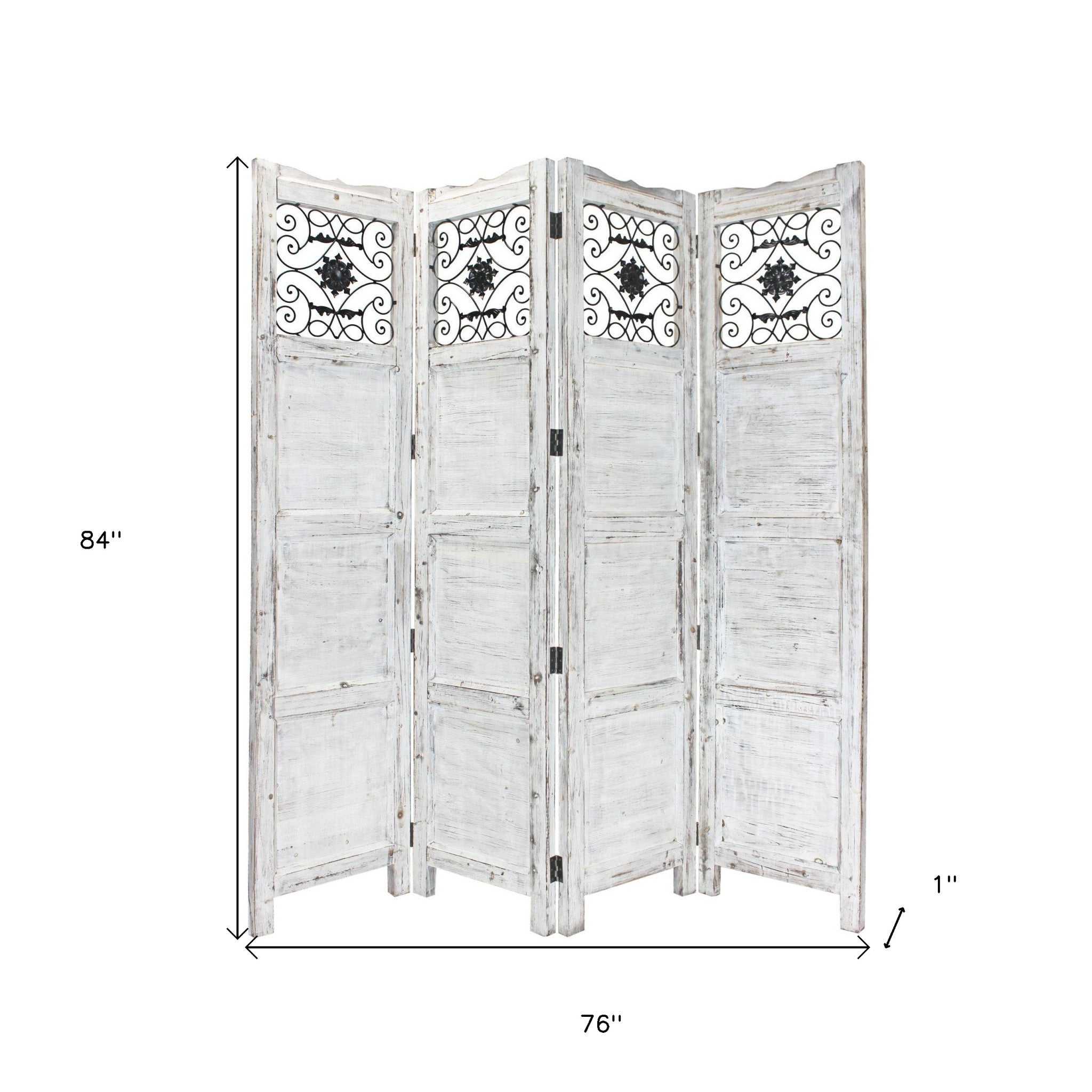 Gray Wash 4 Panel With Scroll Work Room Divider Screen-Room Dividers-DECOROLALA
