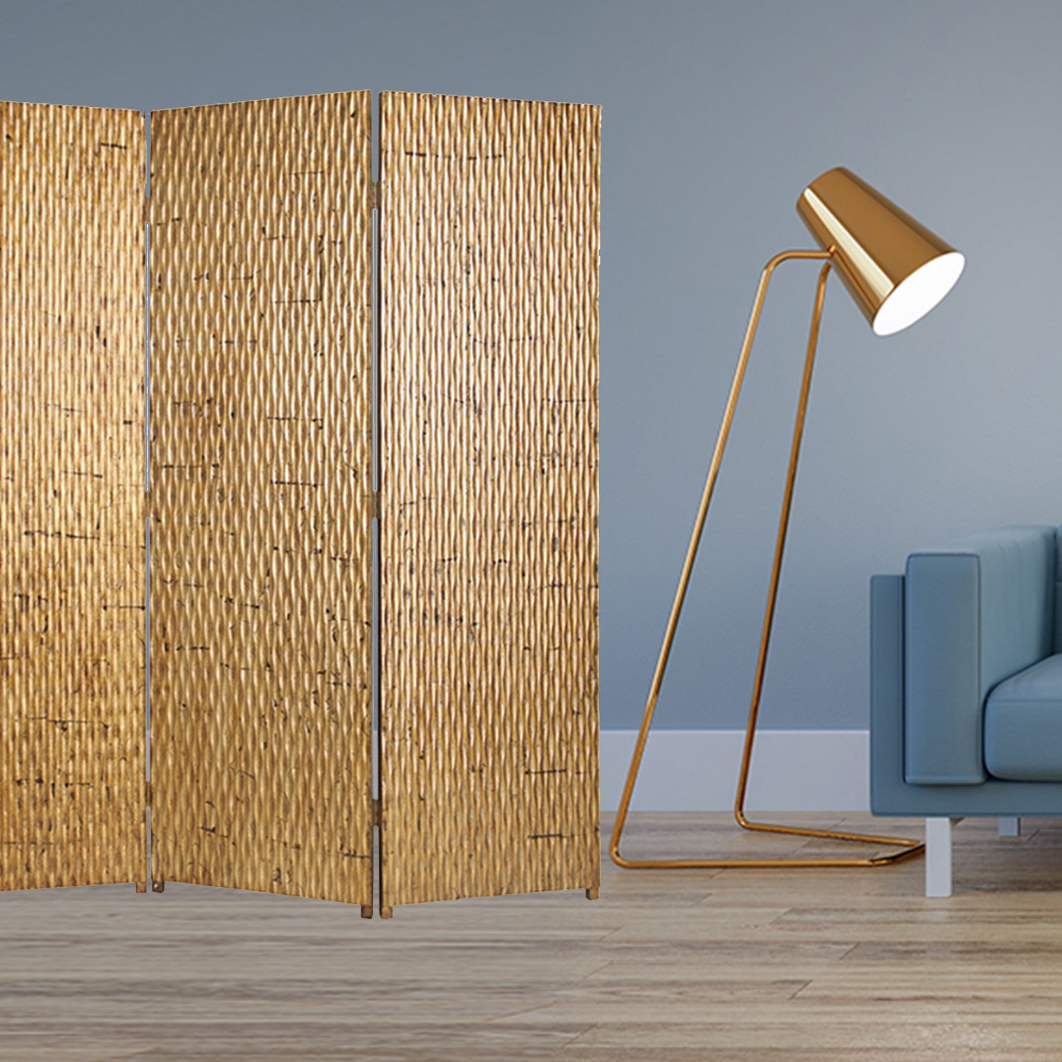63" X 72" Gold Wood 3 Panel Screen-Room Dividers-DECOROLALA