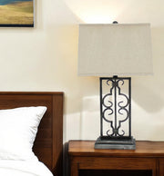 29" Distressed Gray Metal Bedside Lamp With Beige Shade-Table Lamps-DECOROLALA