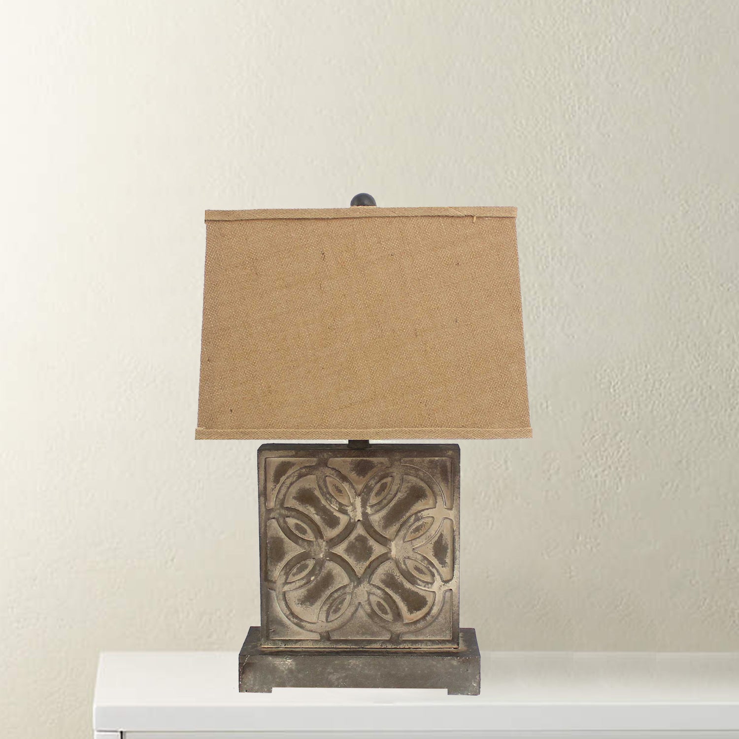 25" Distressed Brown Metal Bedside Lamp With Khaki Shade-Table Lamps-DECOROLALA