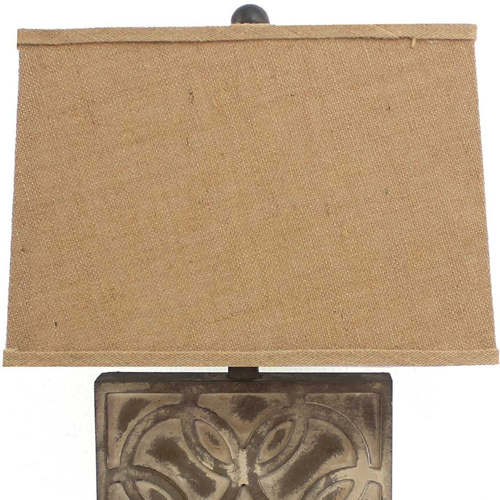 25" Distressed Brown Metal Bedside Lamp With Khaki Shade-Table Lamps-DECOROLALA