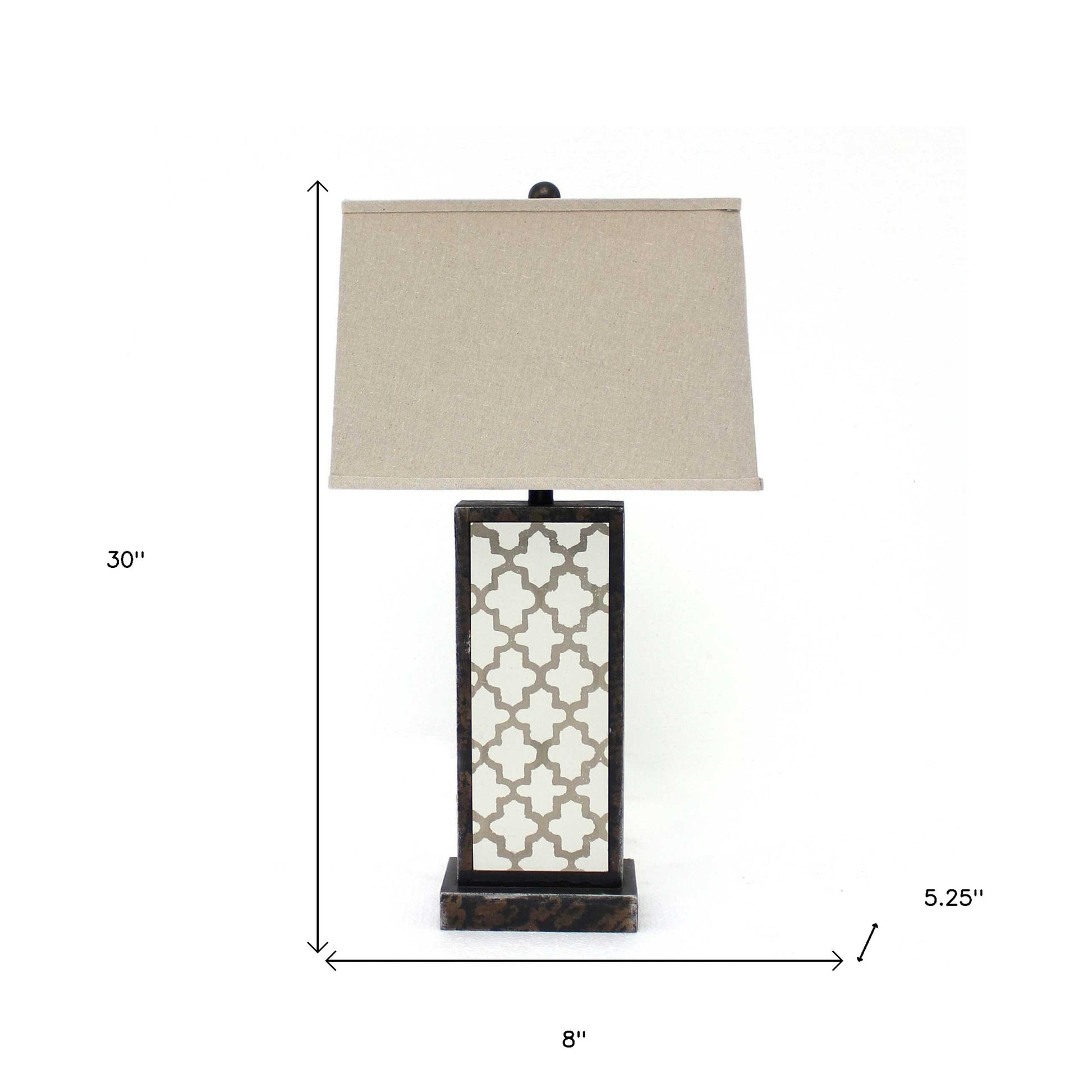 30" Distressed Bronze Metal Bedside Lamp With Beige Shade-Table Lamps-DECOROLALA