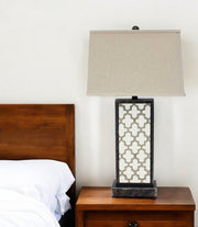30" Distressed Bronze Metal Bedside Lamp With Beige Shade-Table Lamps-DECOROLALA
